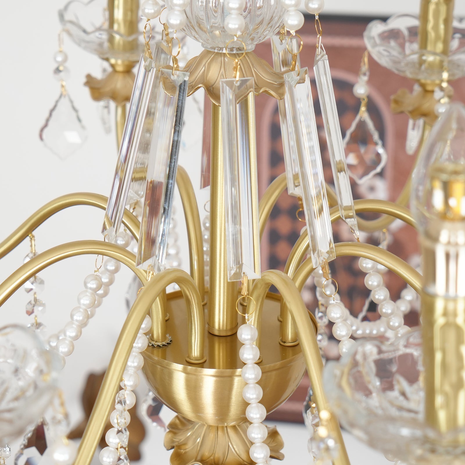 Chandelier Brass Body Crystal Pearl Drops Vintage Elegance