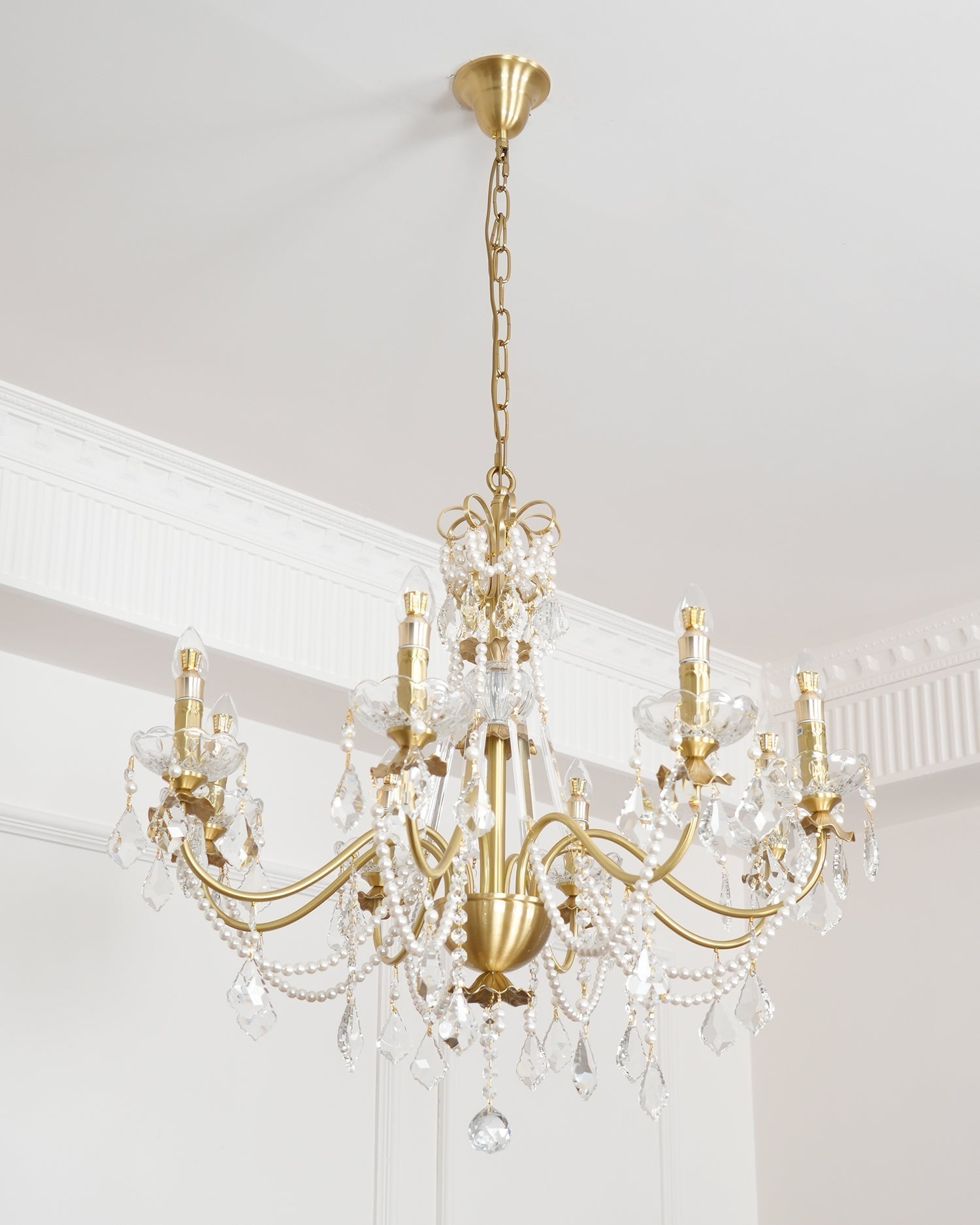 Chandelier Brass Body Crystal Pearl Drops Vintage Elegance