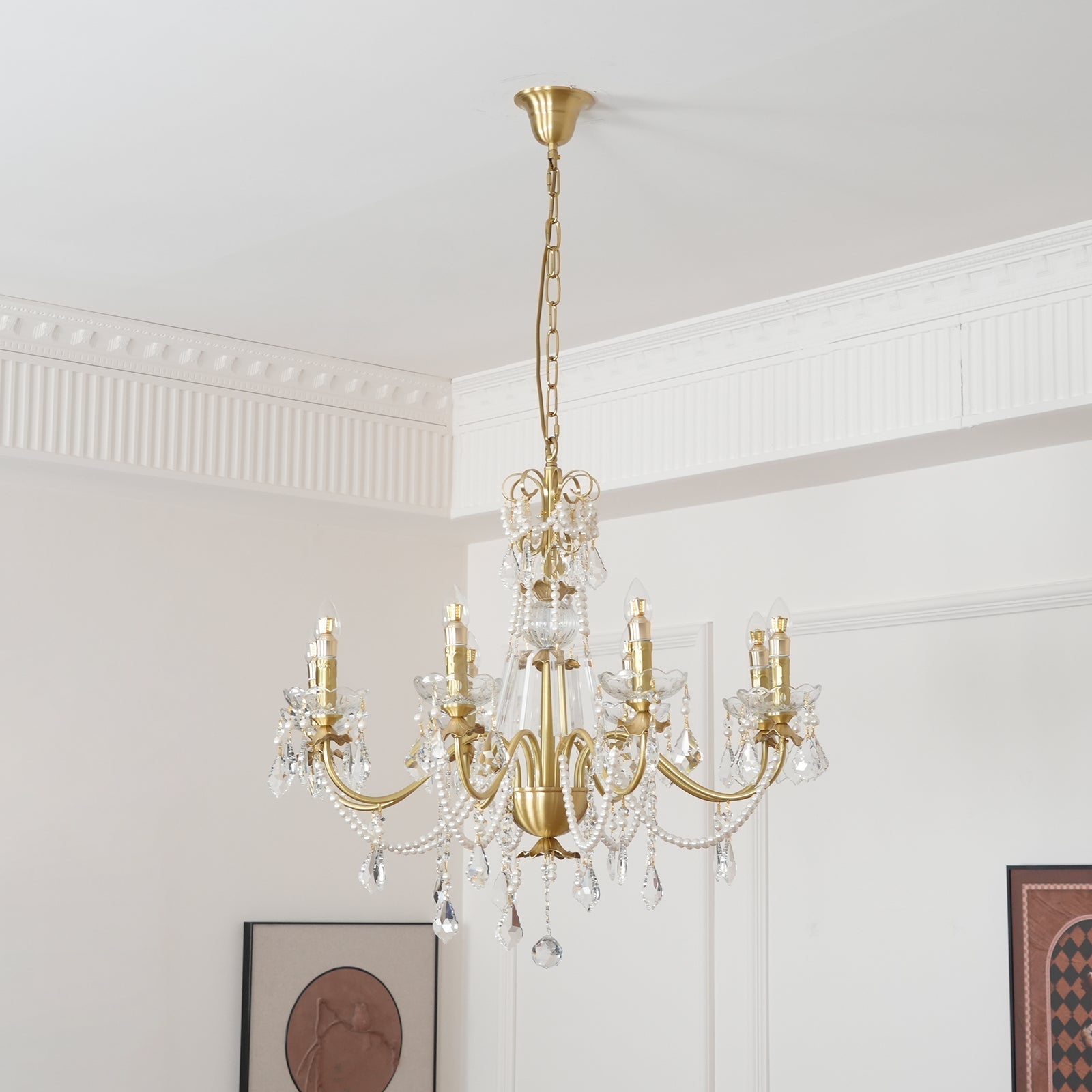Chandelier Brass Body Crystal Pearl Drops Vintage Elegance