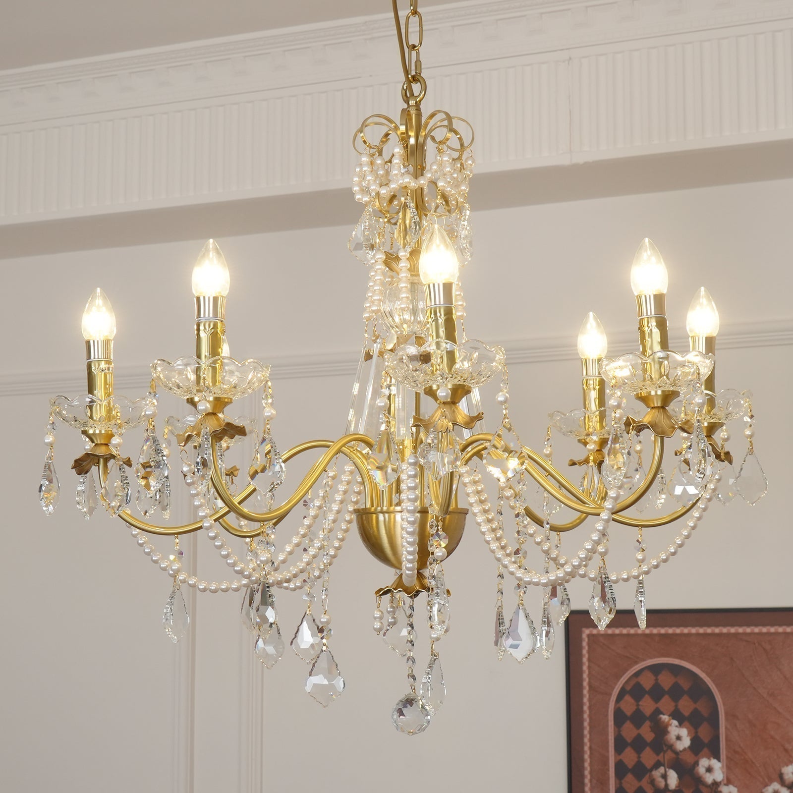 Chandelier Brass Body Crystal Pearl Drops Vintage Elegance