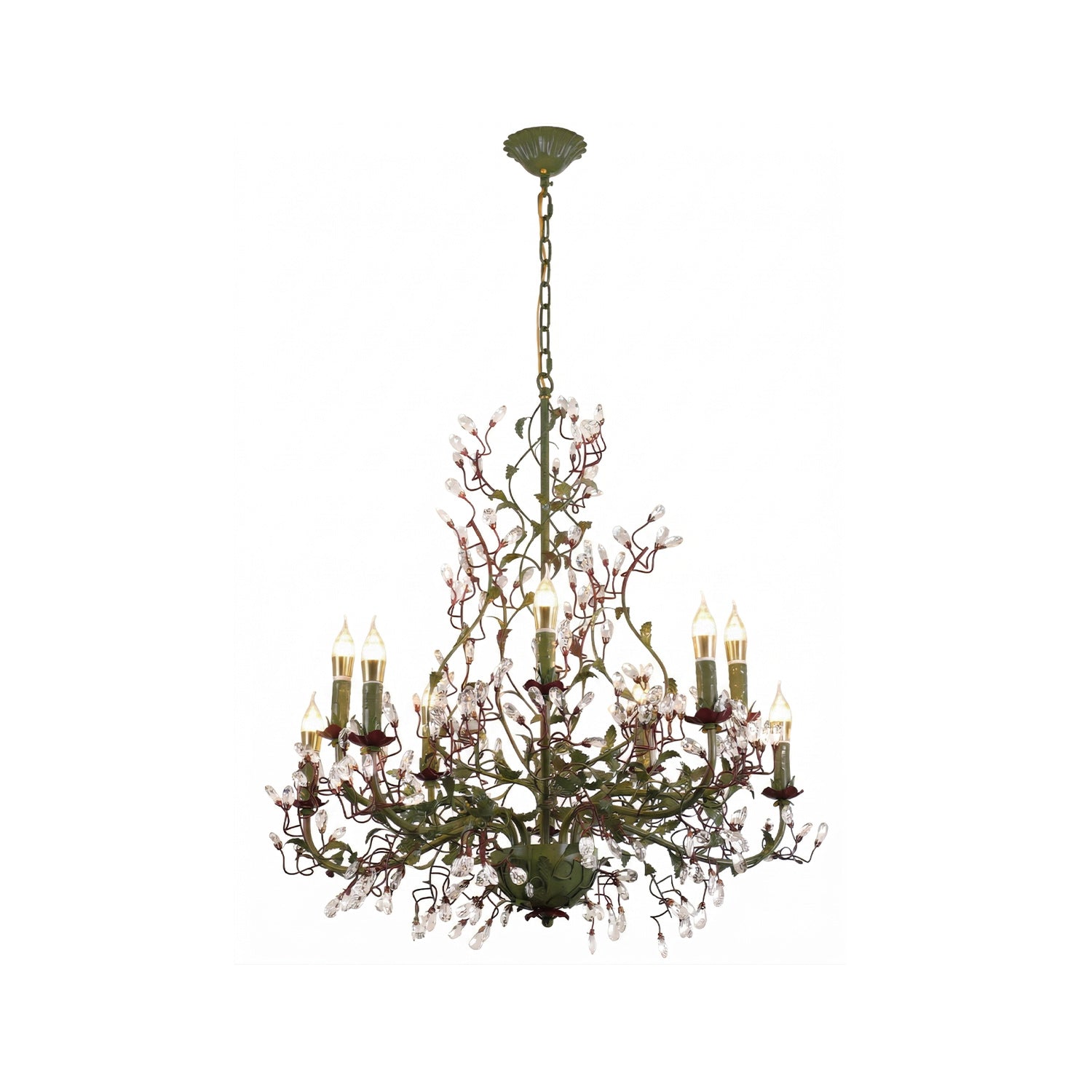 Sagel Flora Chandelier with emerald green vines and red accents.