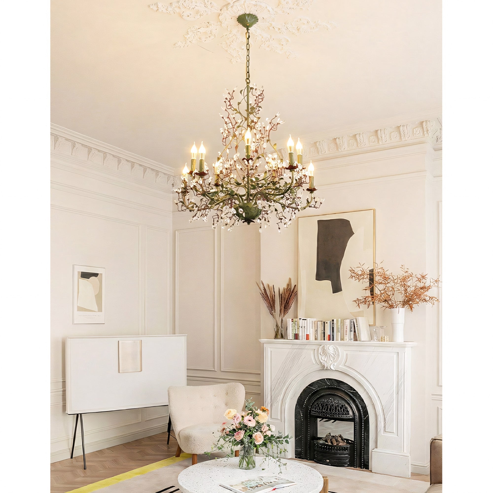 The chandelier shown in a French manor style dining room.