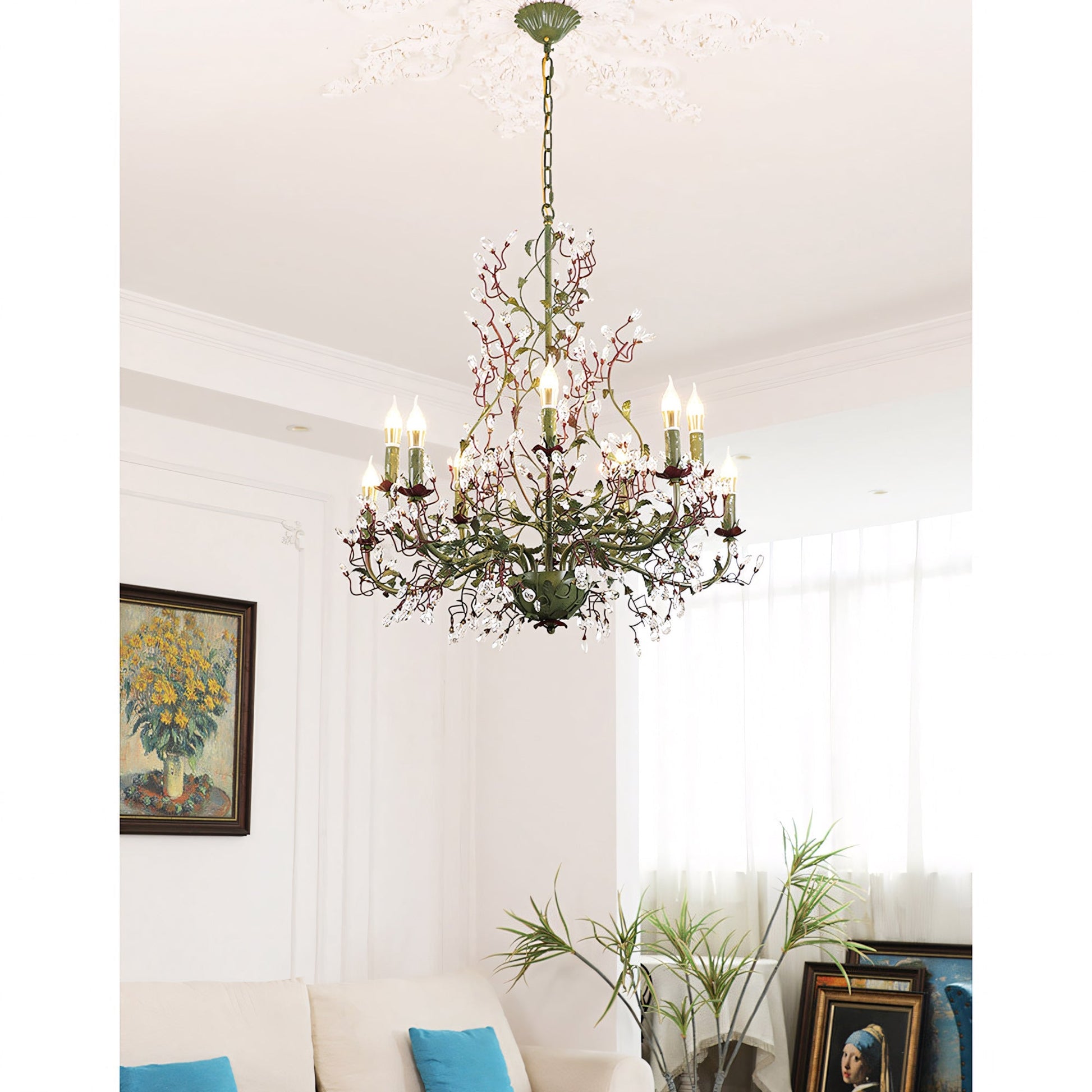 Close-up of the gold accents on the chandelier.