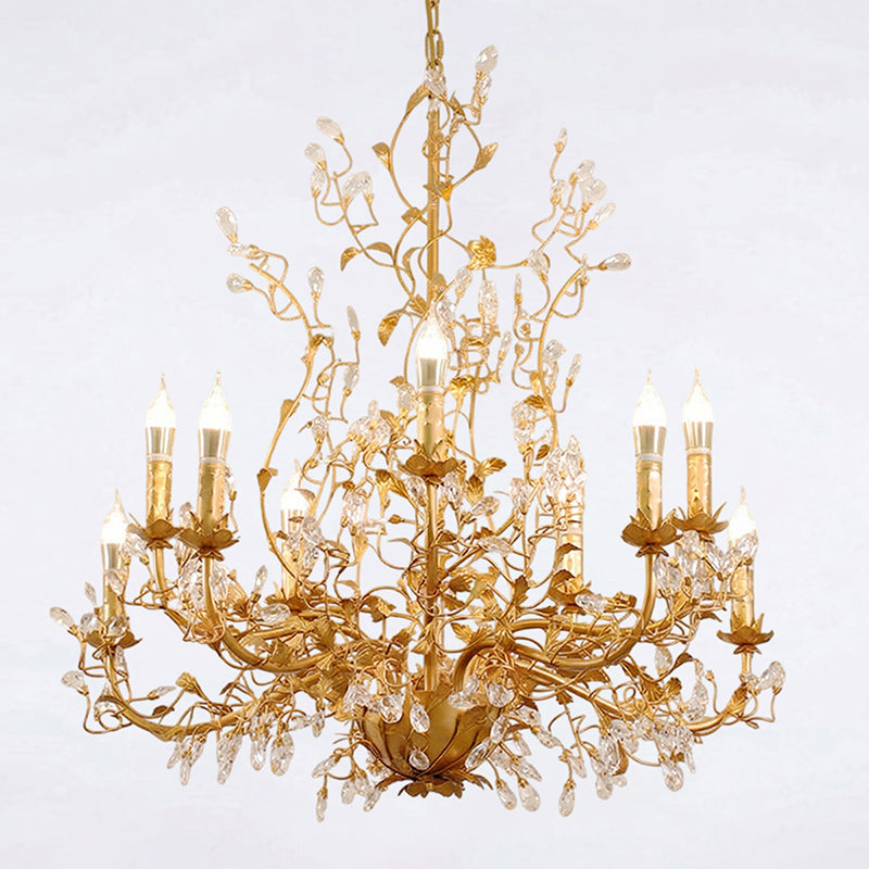 Another angle of the chandelier in a decorated room.