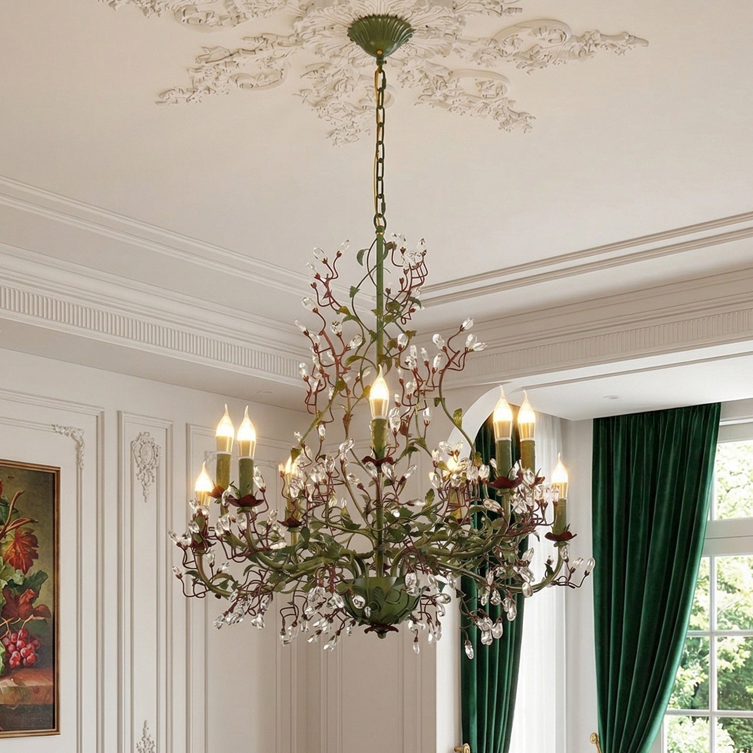 Close-up of the crystal decoration on the Sagel Flora Chandelier.