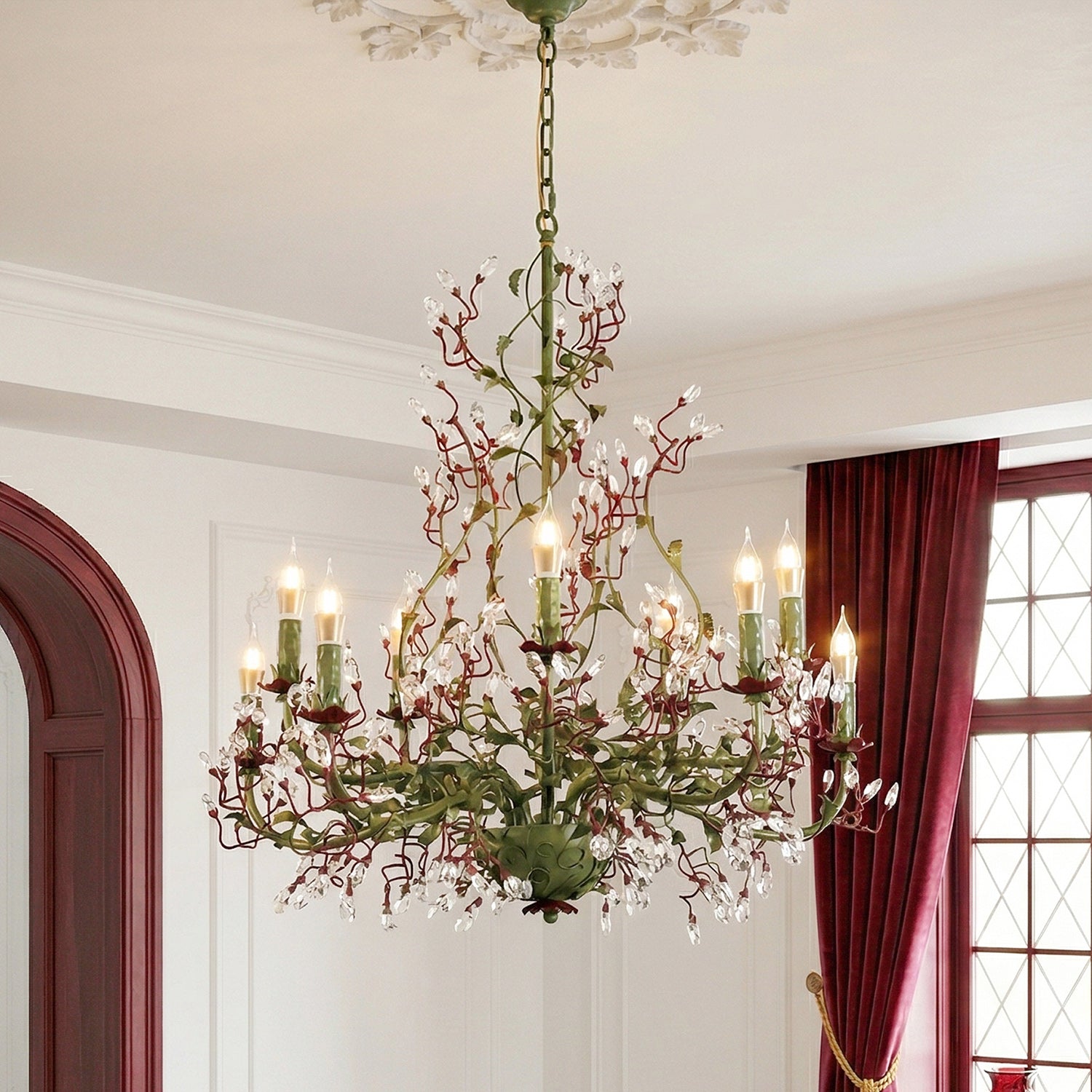 Top-down view of the Sagel Flora Chandelier's winding metal frame.