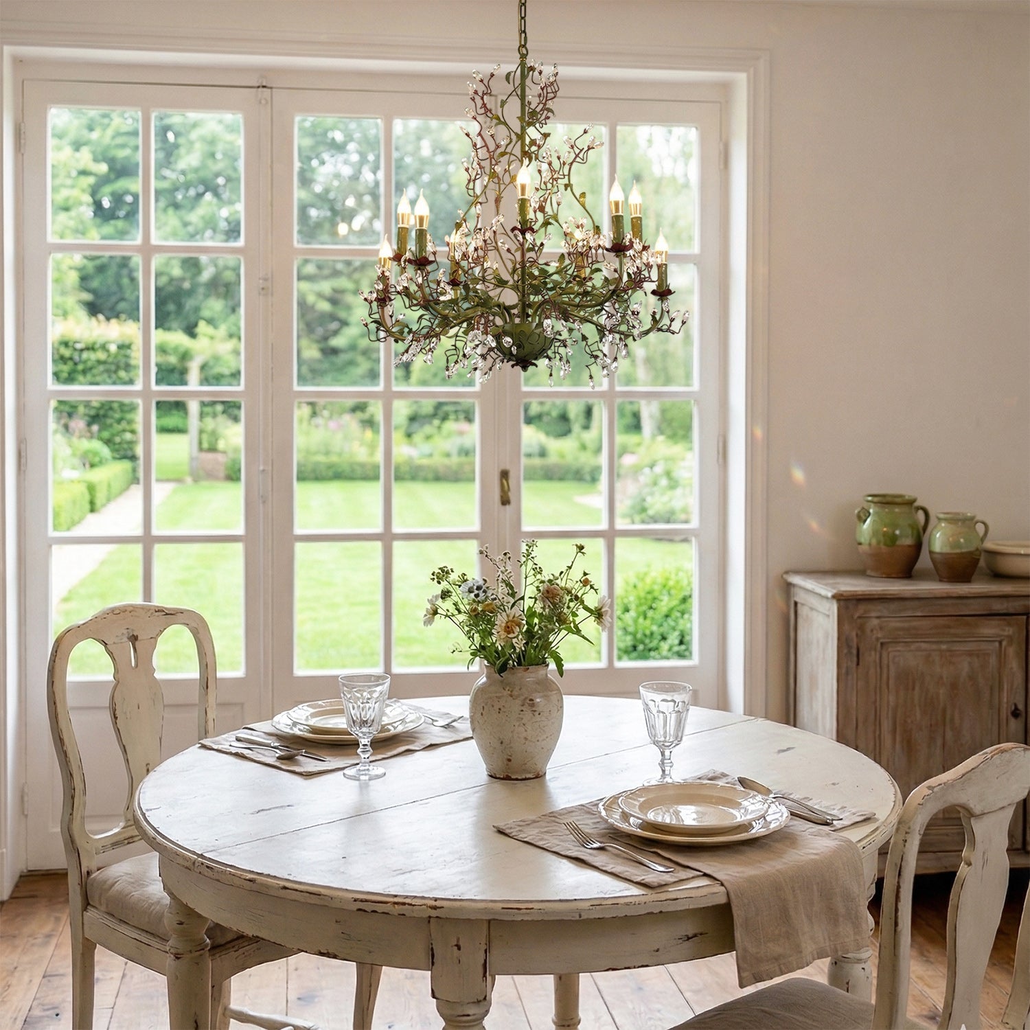Angled shot of the 8-head Sagel Flora Chandelier.