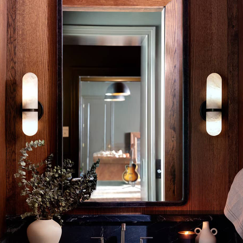 Close-up of the natural alabaster globe shade on the Salon Wall Lamp.