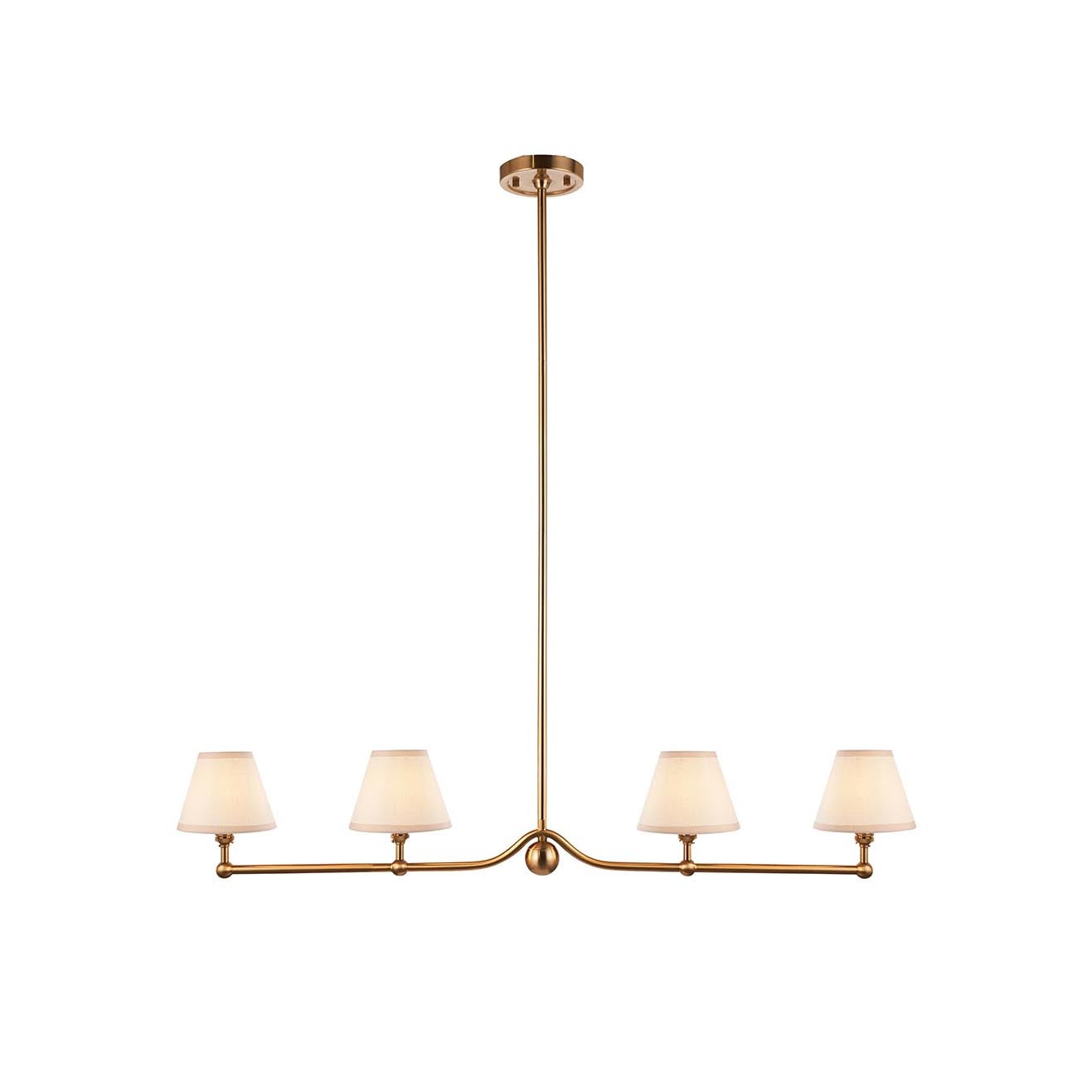 Santiago Linear Pendant Lamp with brass body and white fabric shades.