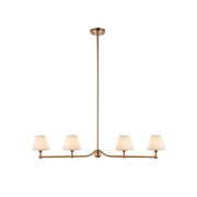 Santiago Linear Pendant Lamp with brass body and white fabric shades.