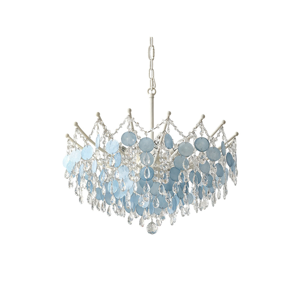 Sasha Capiz Bead Chandelier hanging in a coastal-style dining room.