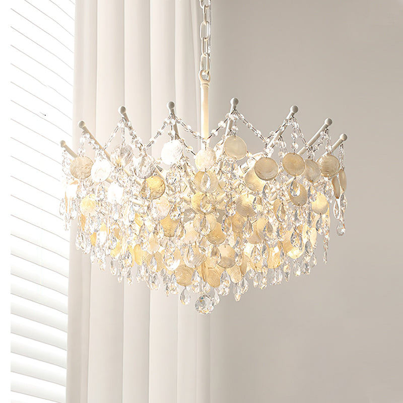 Detail shot of the matte white iron frame of the Sasha Chandelier.