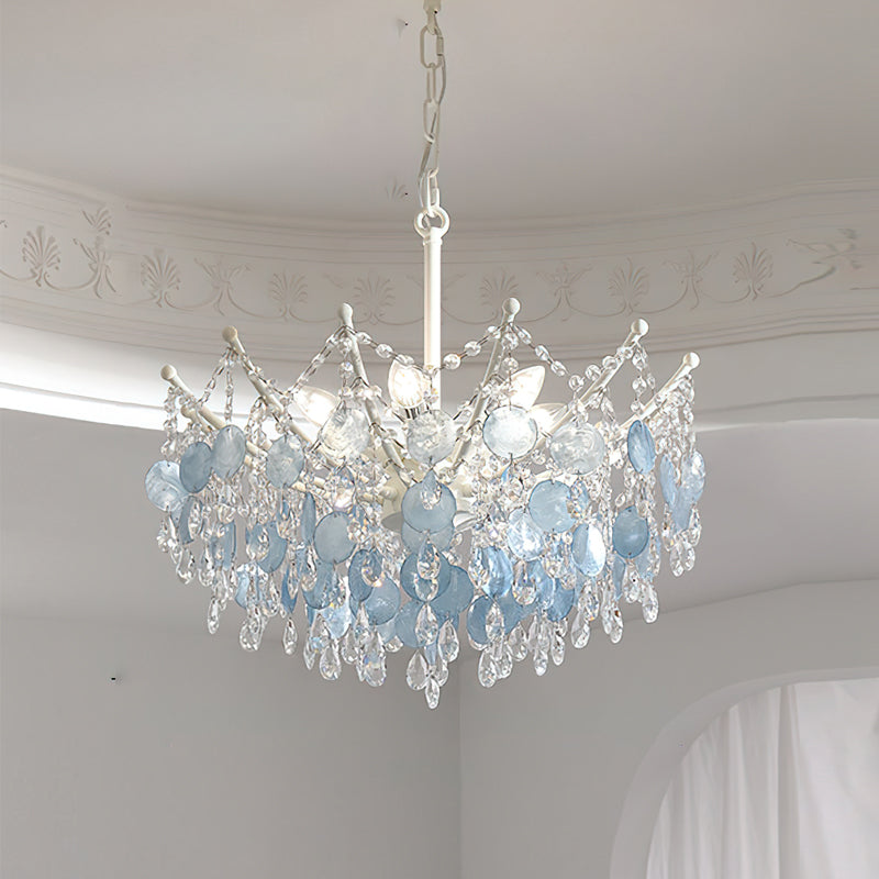 The blue finish option of the Sasha Capiz Bead Chandelier.