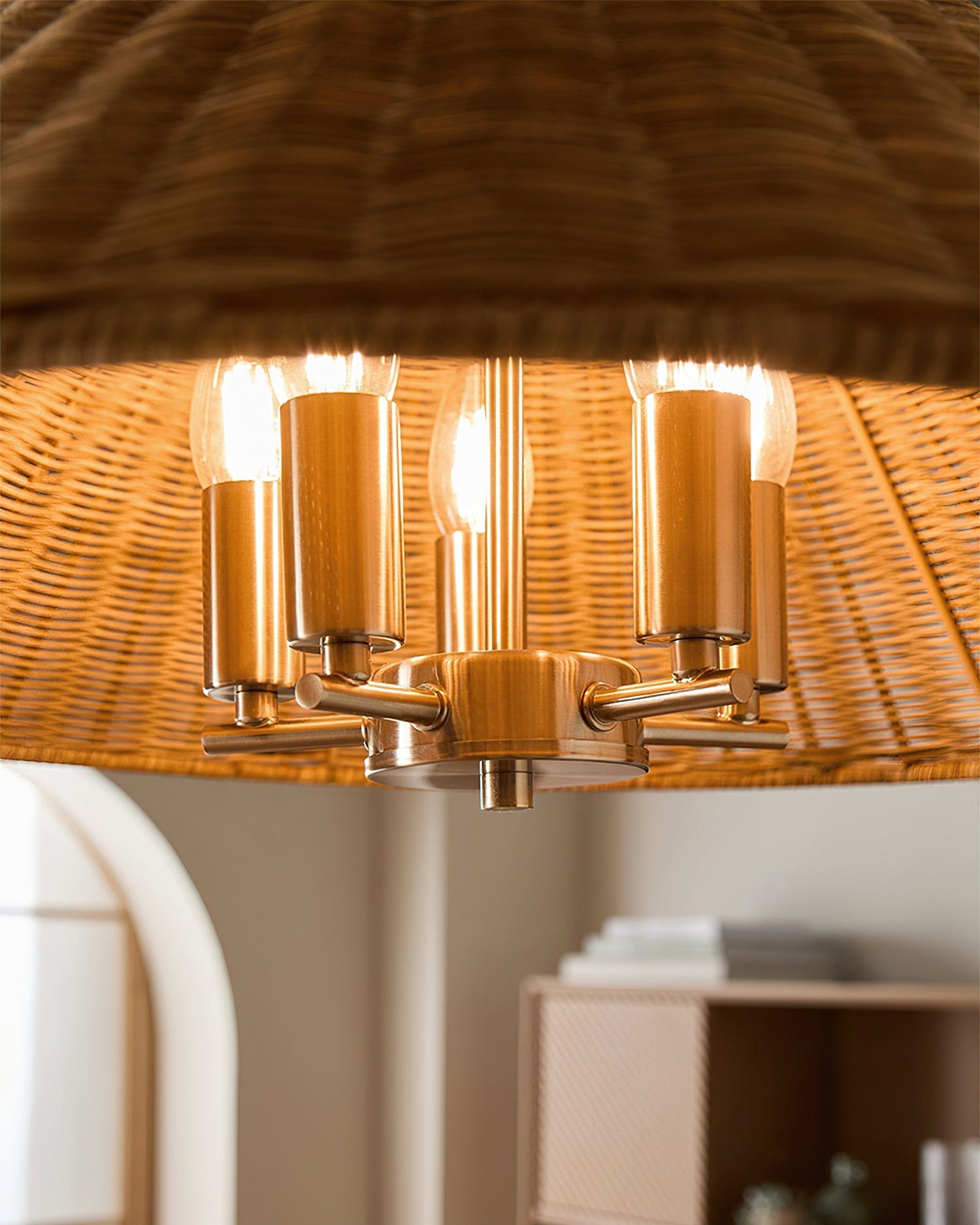 Detail shot of the gold metal hanging chain and ceiling canopy.
