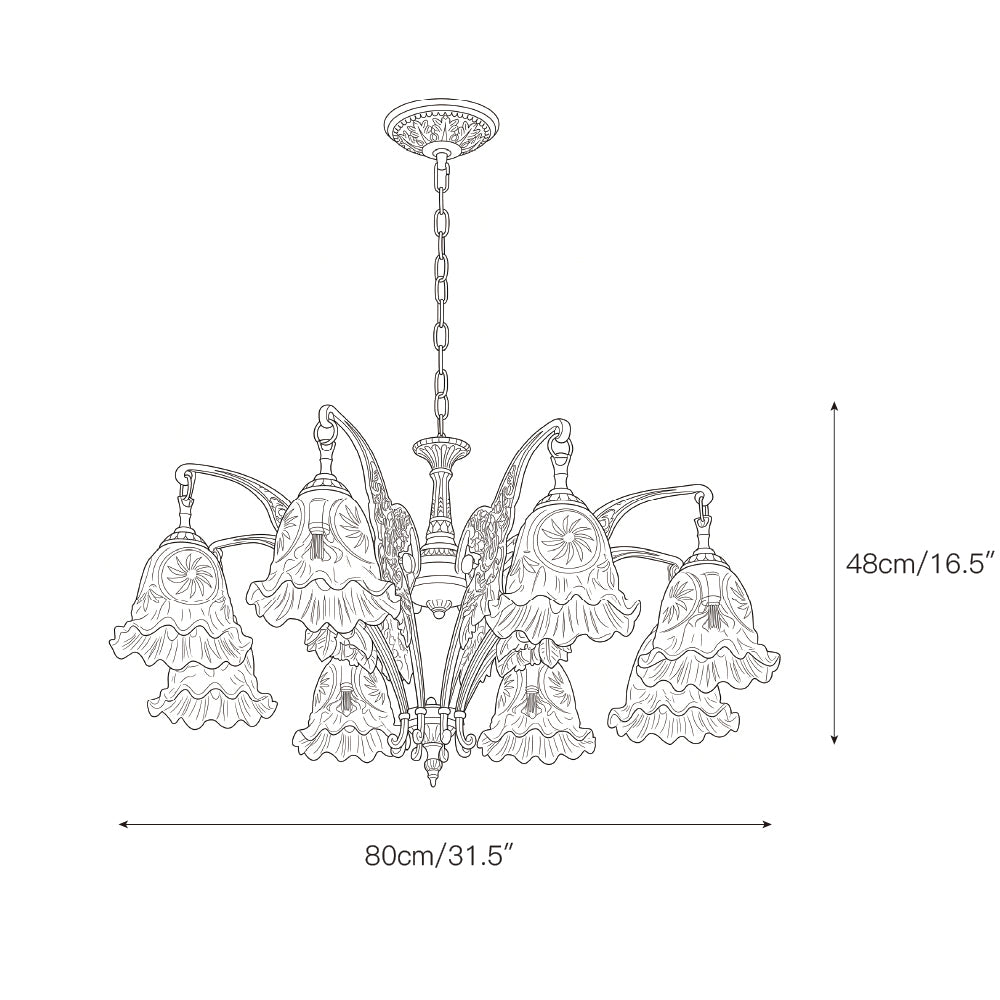The 8-head Savannah Bell Chandelier hanging in a grand entryway.