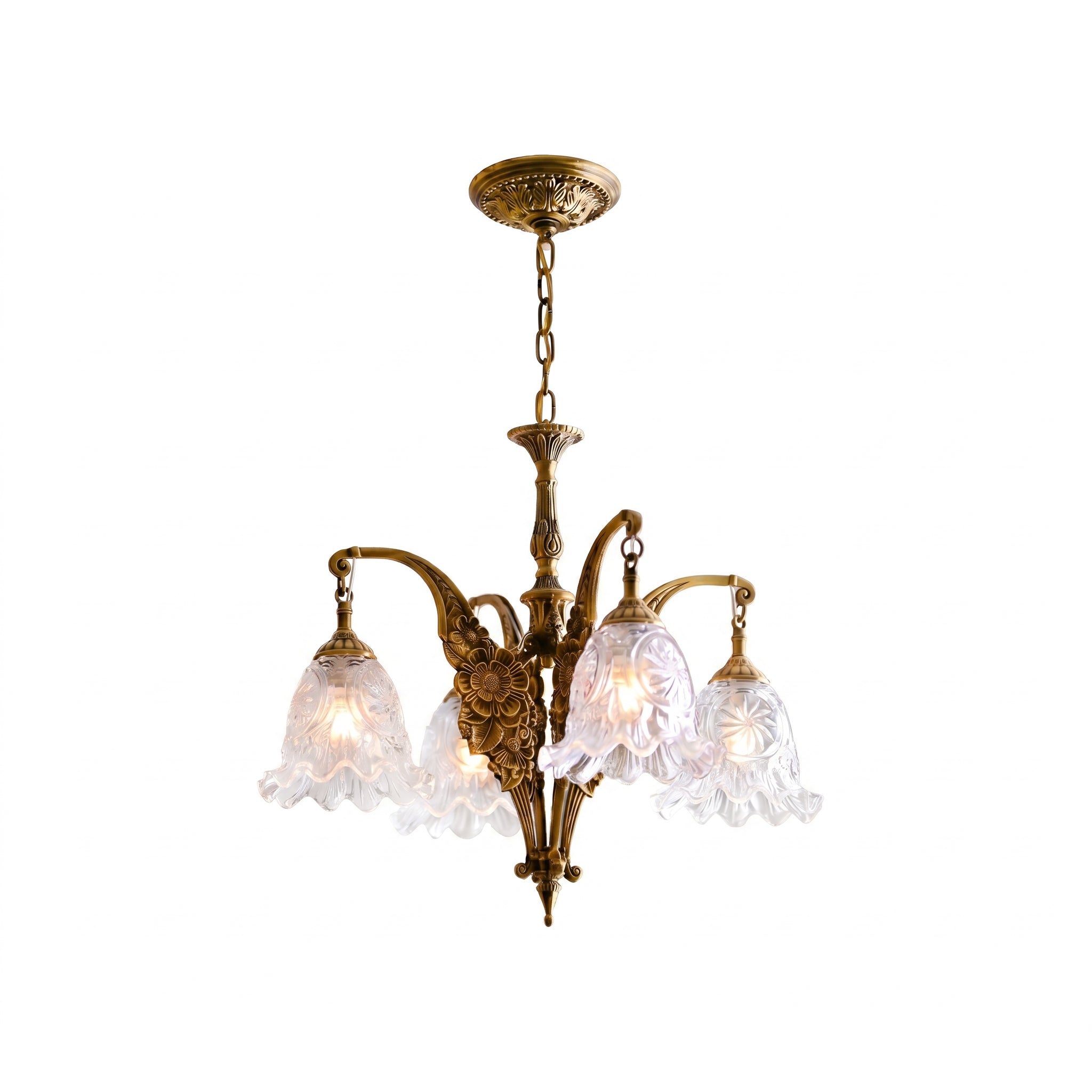 Savannah Bell Chandelier in antique brass finish, front view.