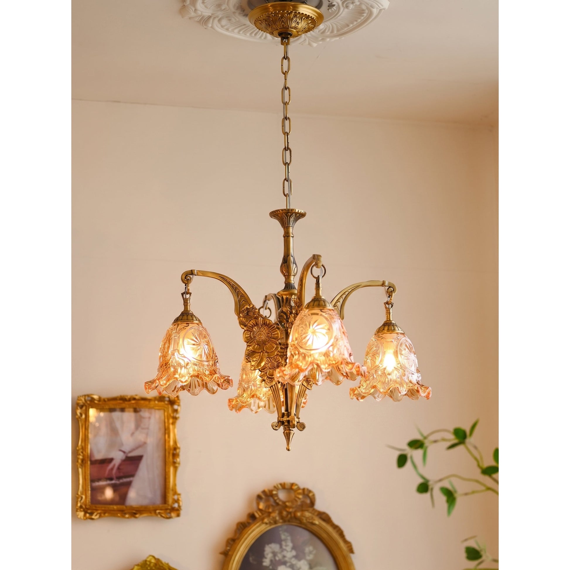 View of the chandelier from below, highlighting the arrangement of the arms.