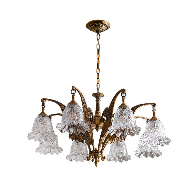 The Savannah Bell Chandelier with clear glass shades for a classic look.