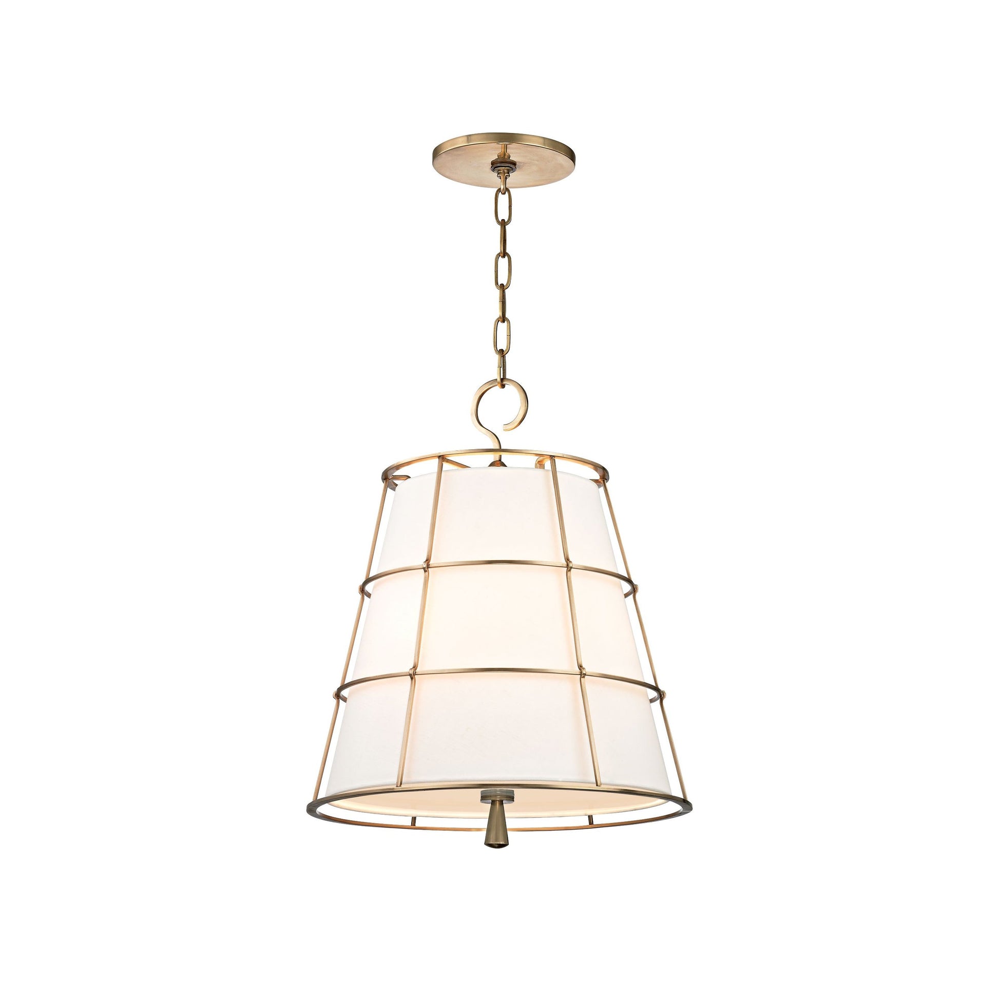 Savona Pendant Lamp with brass frame and fabric shade.