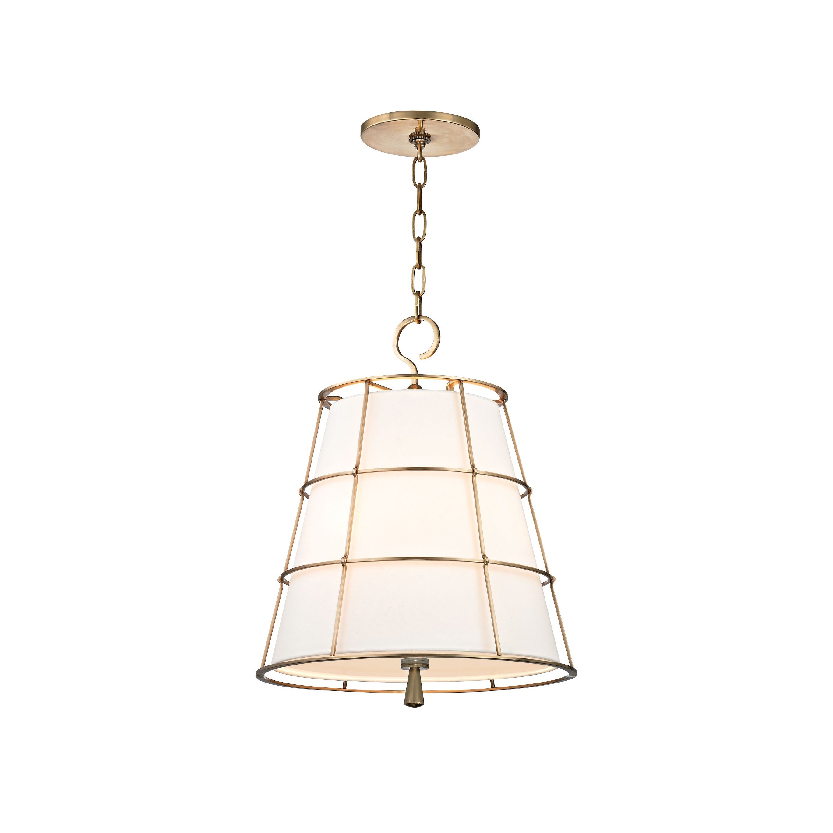 Savona Pendant Lamp with brass frame and fabric shade.