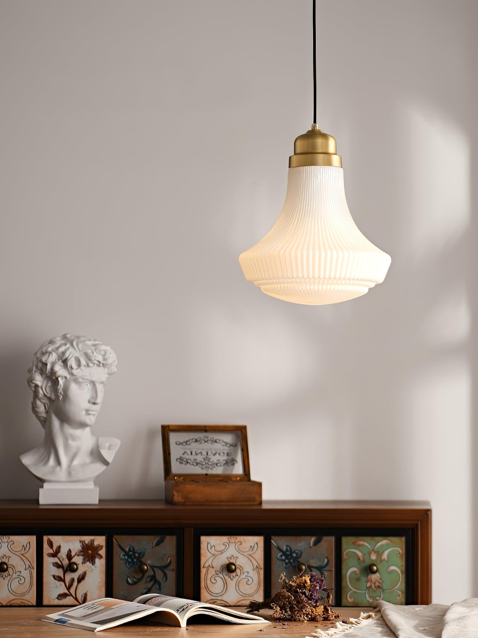 Duo Pendant Lamp Opal Glass Ribbed Bell Brass Vintage-Neutral Decor