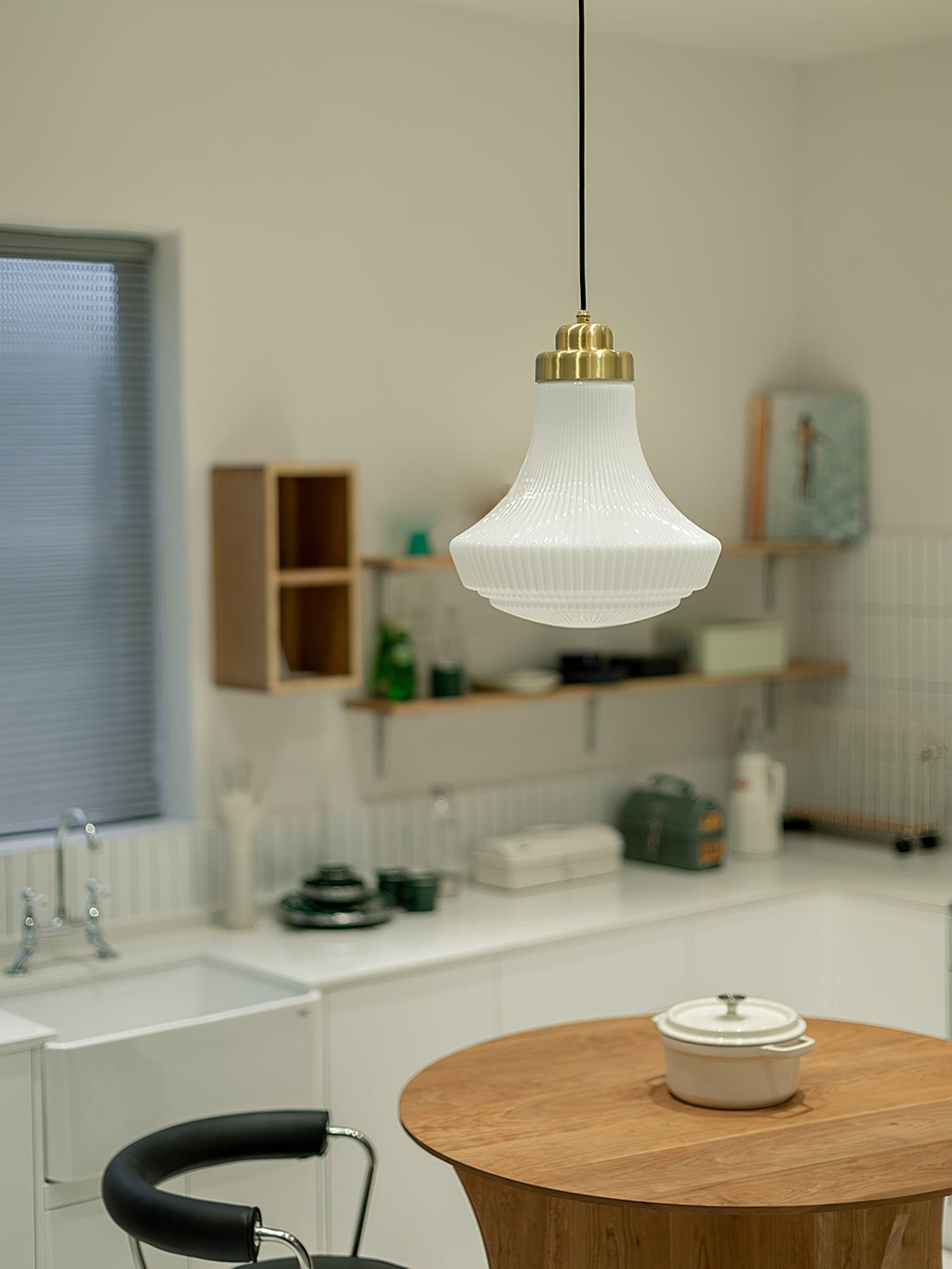 Duo Pendant Lamp Opal Glass Ribbed Bell Brass Vintage-Neutral Decor
