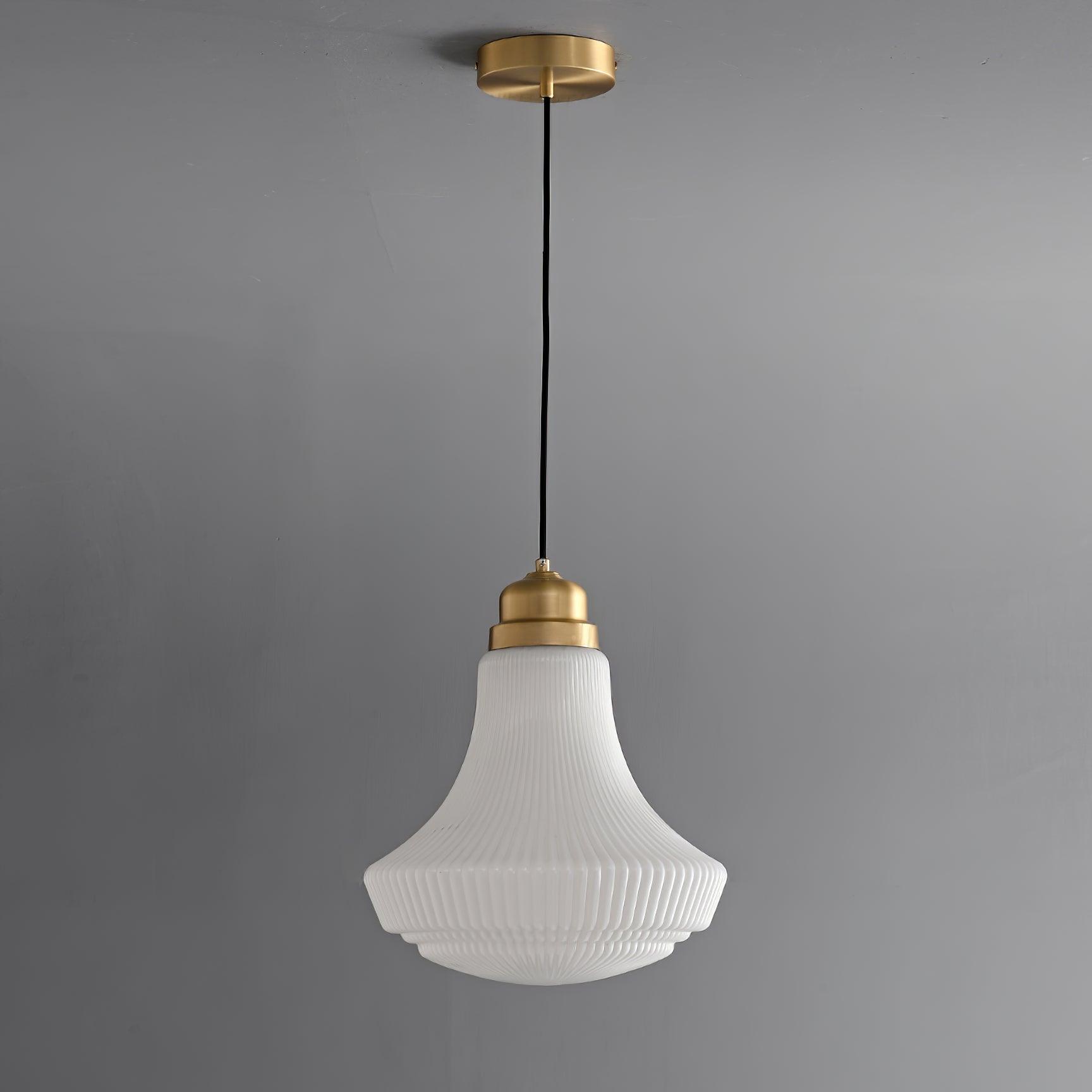 Duo Pendant Lamp Opal Glass Ribbed Bell Brass Vintage-Neutral Decor