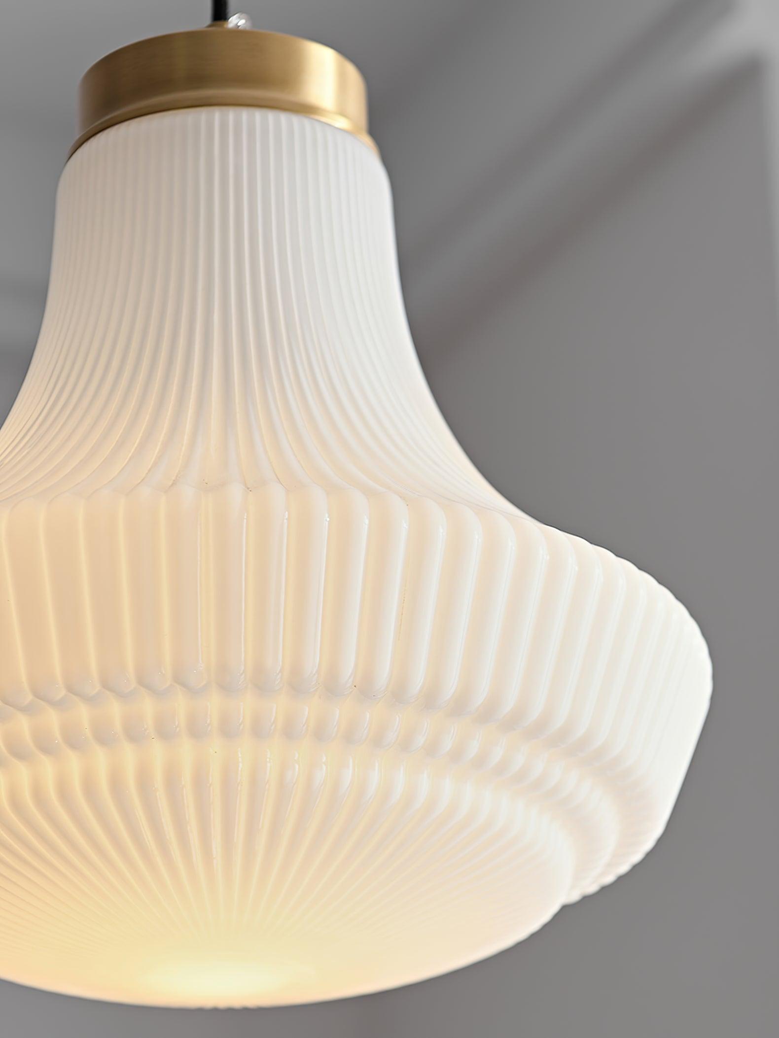 Duo Pendant Lamp Opal Glass Ribbed Bell Brass Vintage-Neutral Decor