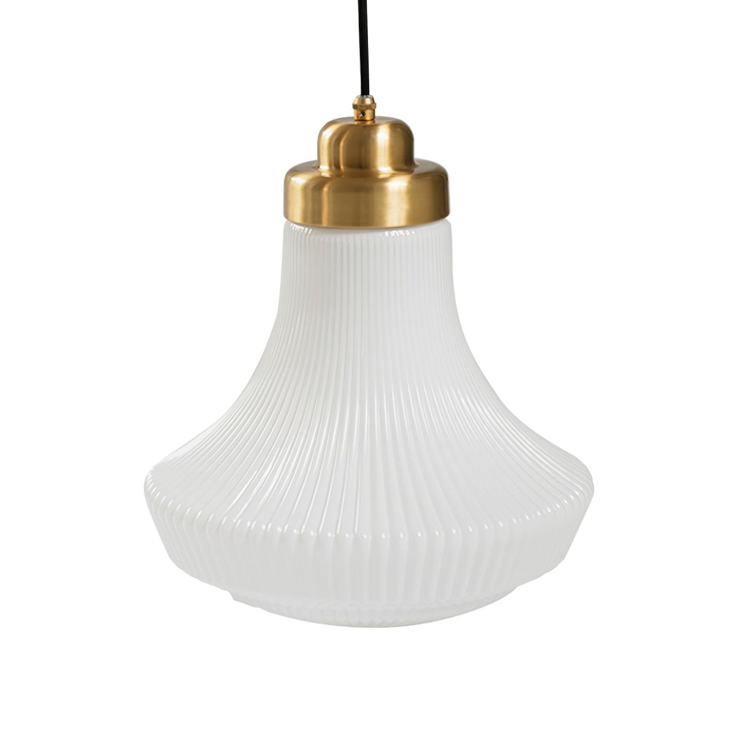 Duo Pendant Lamp Opal Glass Ribbed Bell Brass Vintage-Neutral Decor