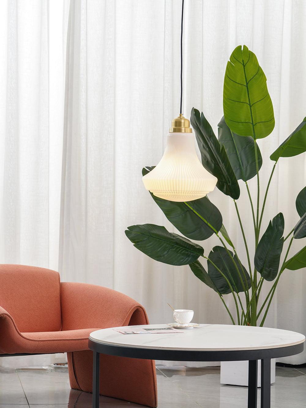 Duo Pendant Lamp Opal Glass Ribbed Bell Brass Vintage-Neutral Decor