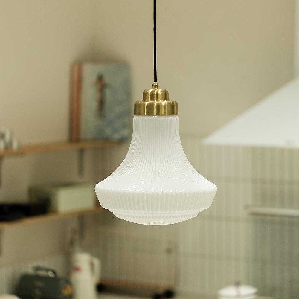 Duo Pendant Lamp Opal Glass Ribbed Bell Brass Vintage-Neutral Decor