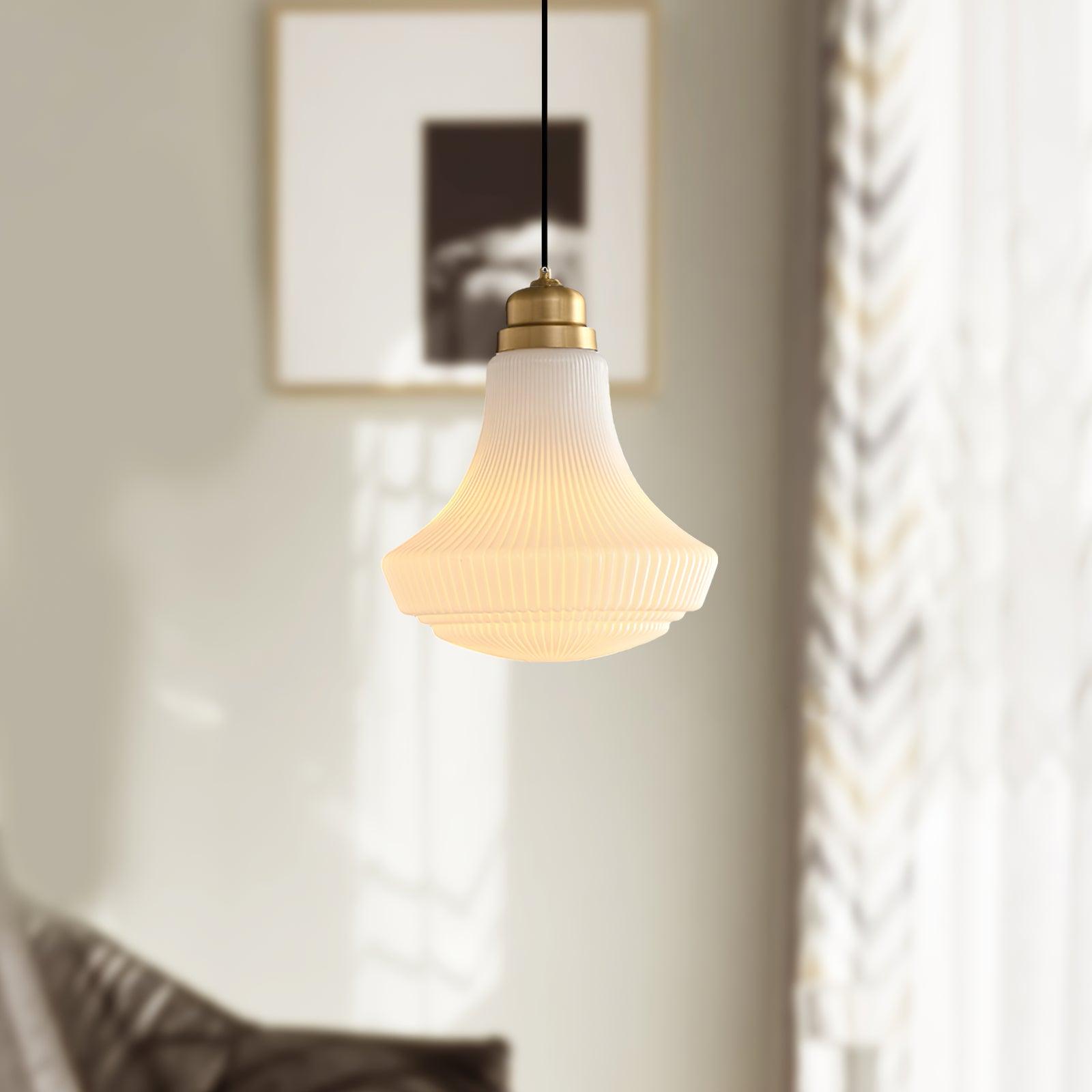 Duo Pendant Lamp Opal Glass Ribbed Bell Brass Vintage-Neutral Decor
