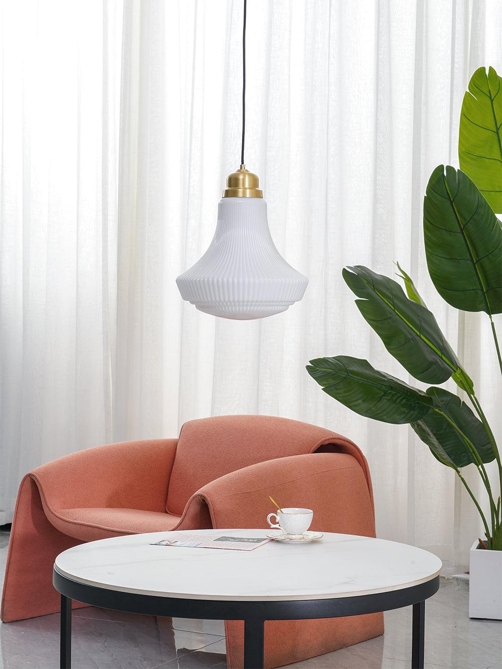 Duo Pendant Lamp Opal Glass Ribbed Bell Brass Vintage-Neutral Decor