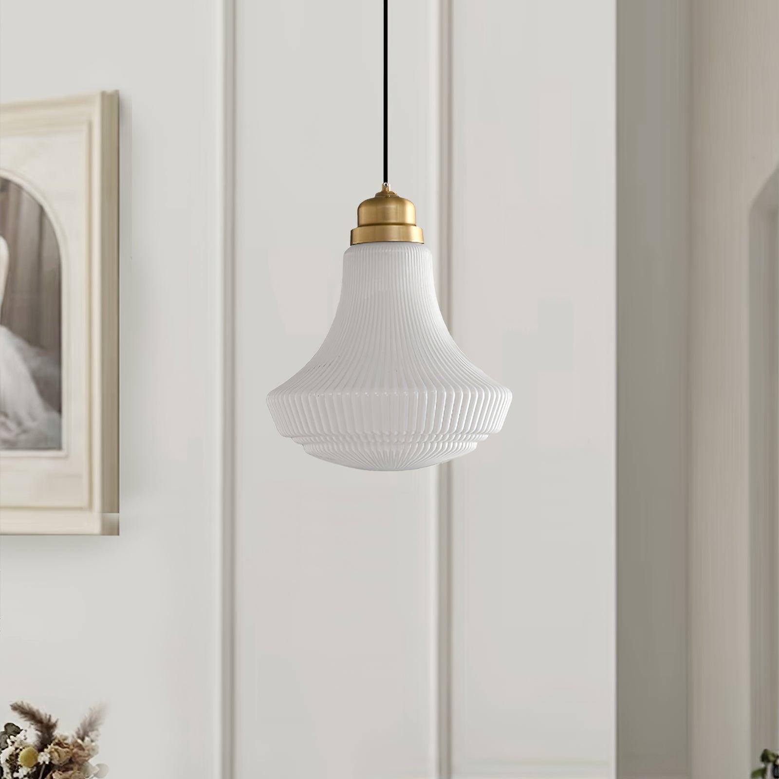 Duo Pendant Lamp Opal Glass Ribbed Bell Brass Vintage-Neutral Decor