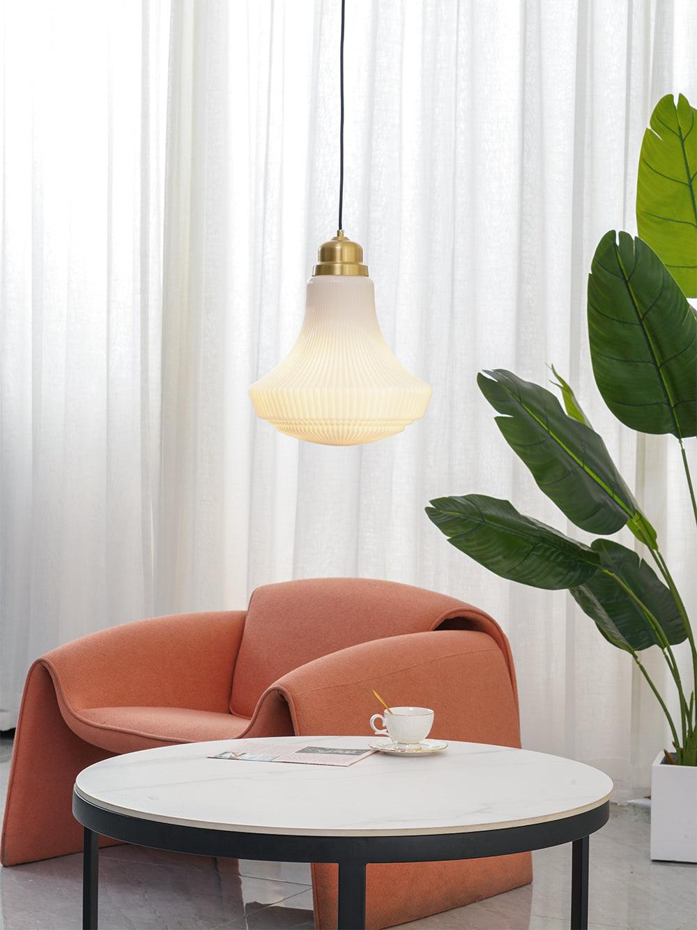 Duo Pendant Lamp Opal Glass Ribbed Bell Brass Vintage-Neutral Decor