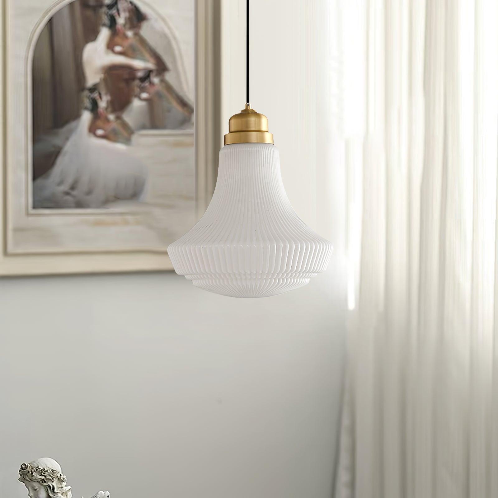 Duo Pendant Lamp Opal Glass Ribbed Bell Brass Vintage-Neutral Decor