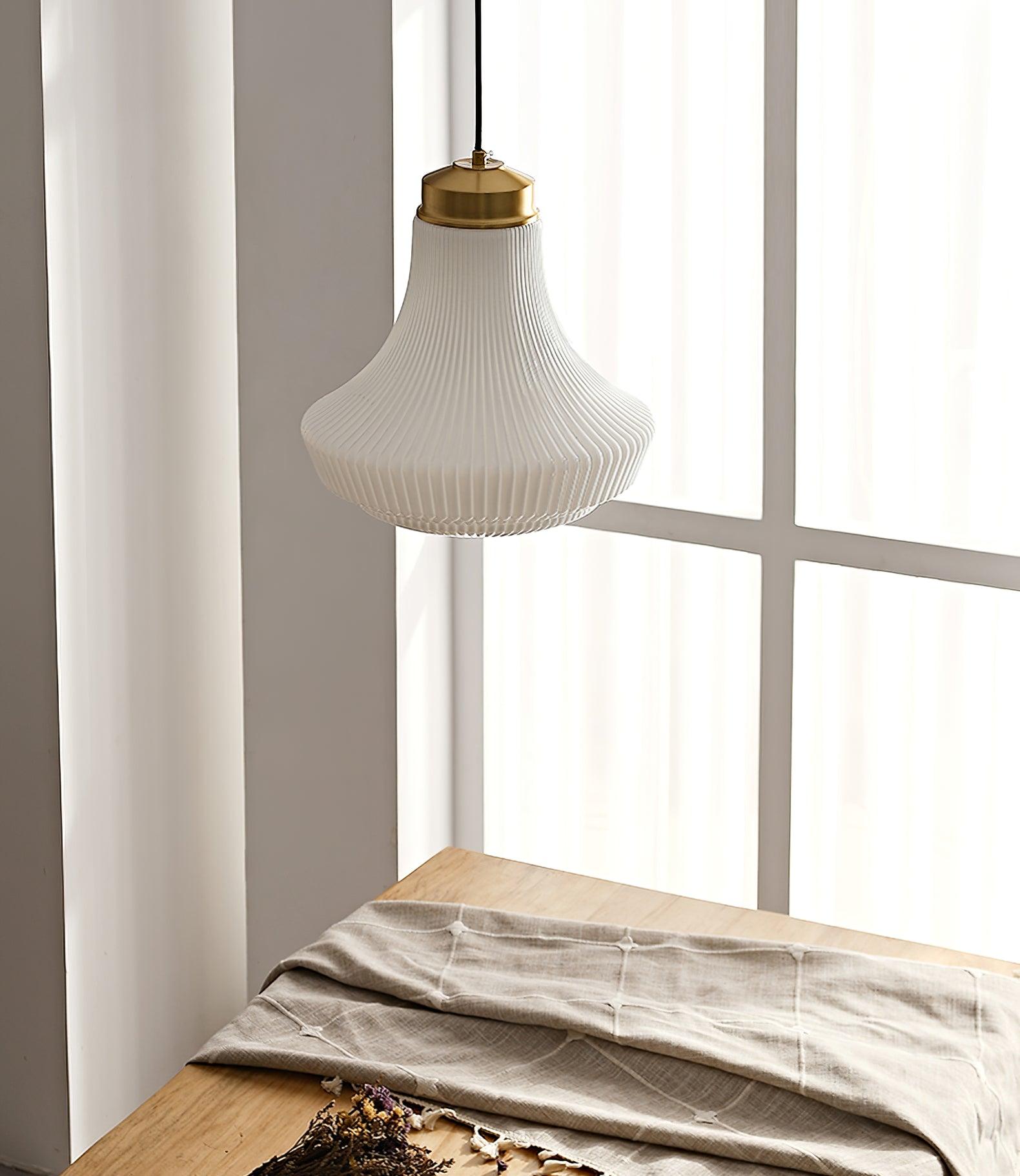 Duo Pendant Lamp Opal Glass Ribbed Bell Brass Vintage-Neutral Decor