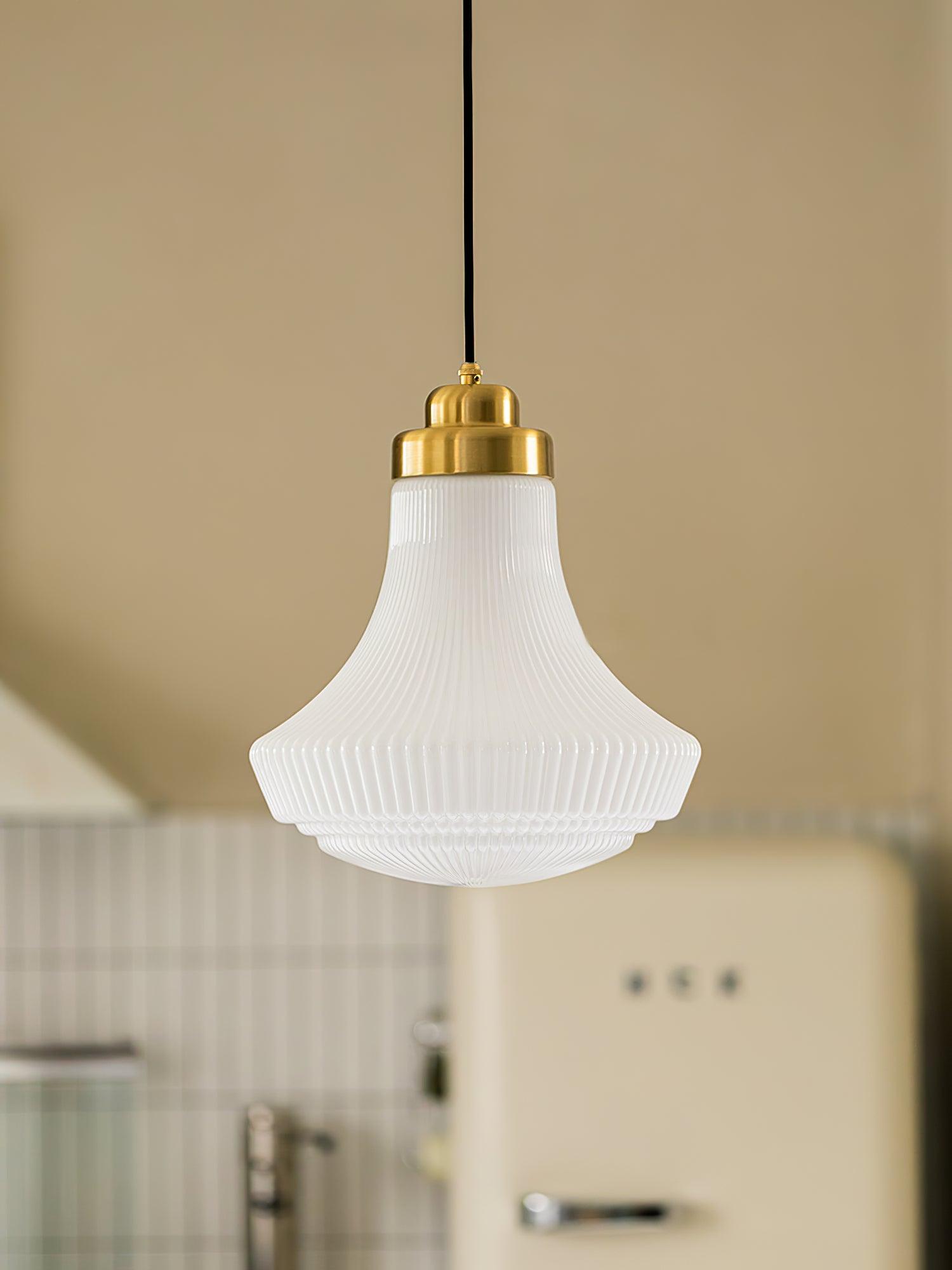 Duo Pendant Lamp Opal Glass Ribbed Bell Brass Vintage-Neutral Decor