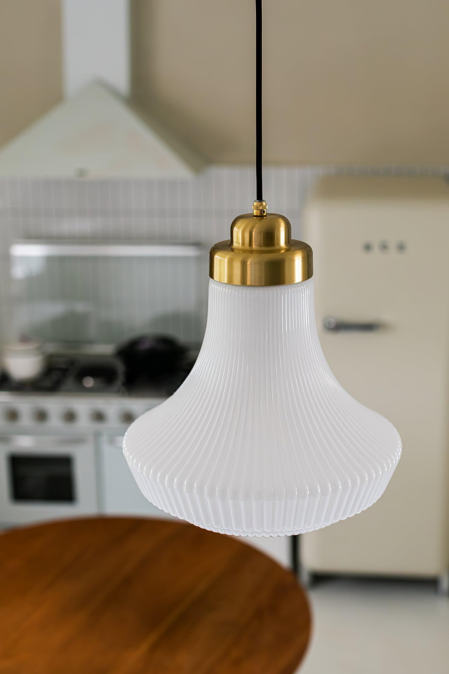Duo Pendant Lamp Opal Glass Ribbed Bell Brass Vintage-Neutral Decor