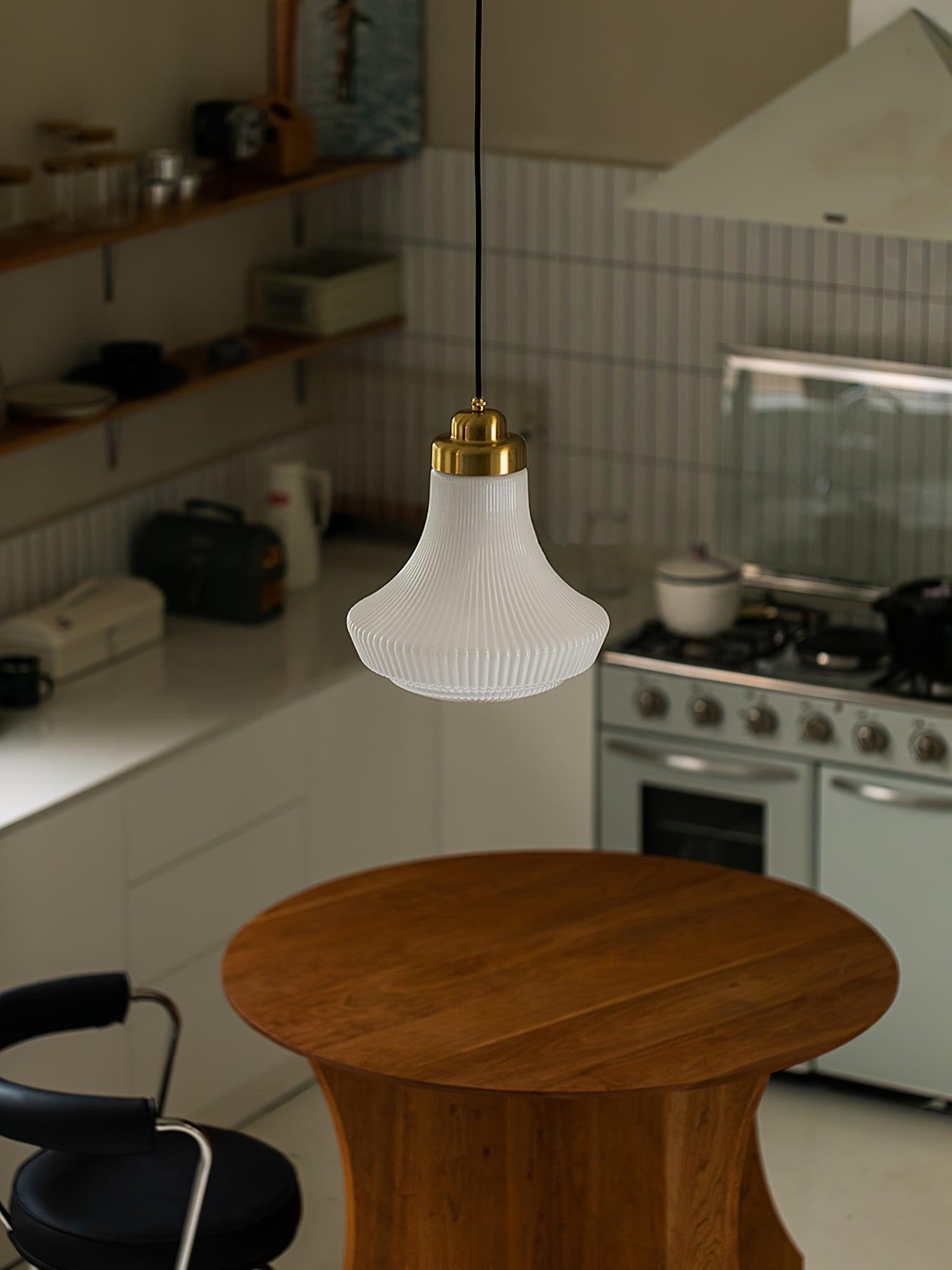 Duo Pendant Lamp Opal Glass Ribbed Bell Brass Vintage-Neutral Decor