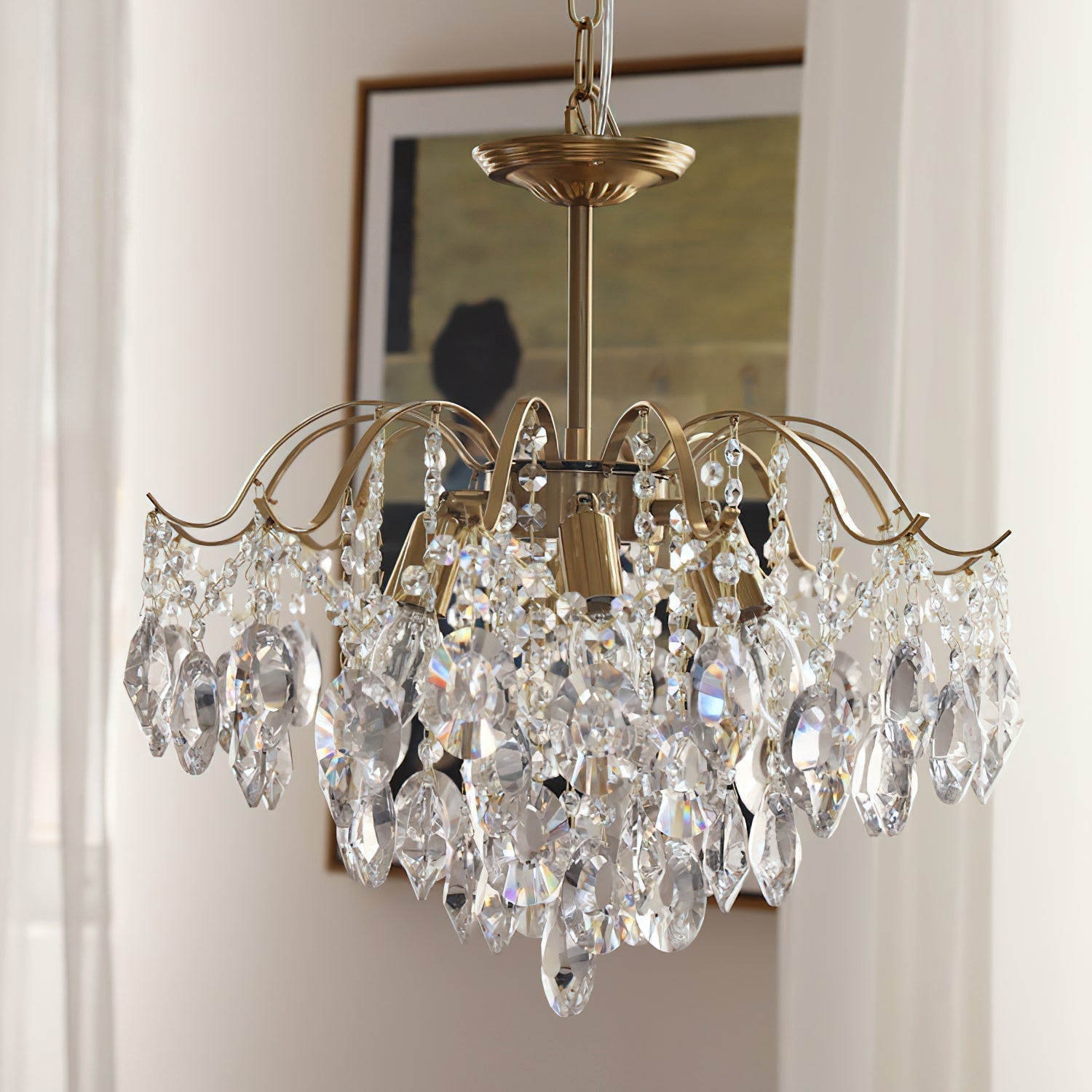 Large size (25.6 inch) Sciolari Crystal Chandelier in a grand entryway.