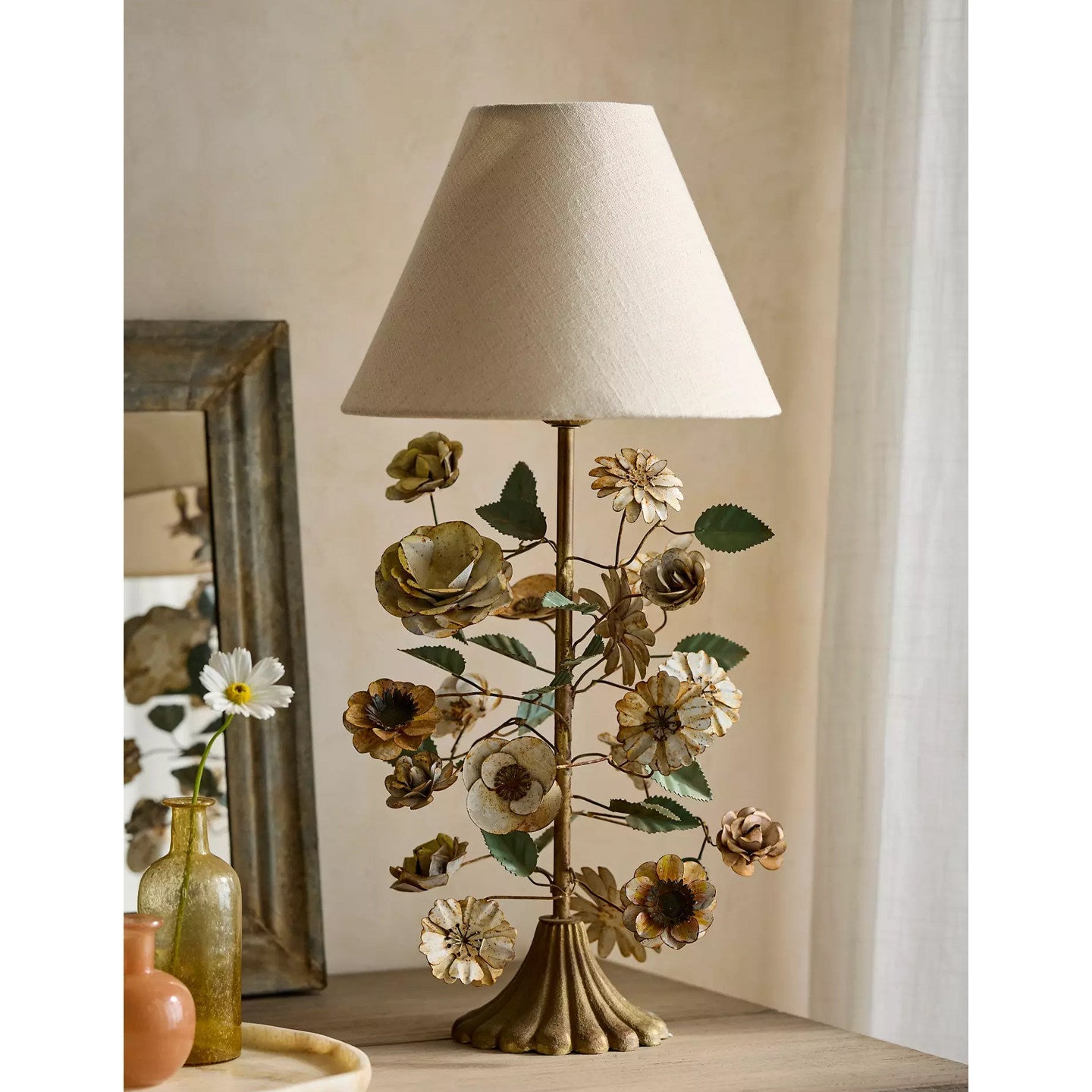 Sculpted Metal Floral Table Lamp-Neutral Decor