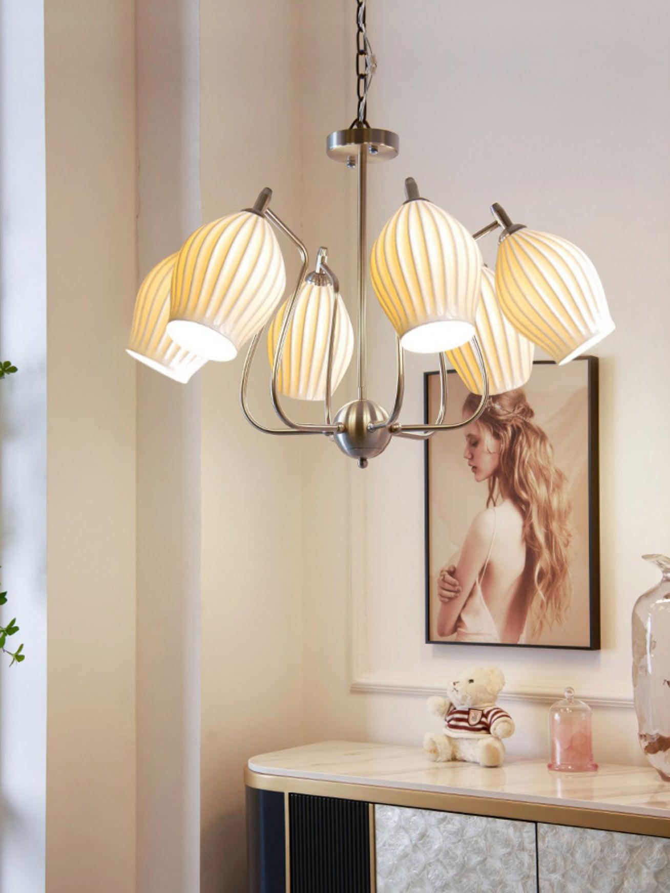 Pravin Chandelier Ceramic Ribbed Sculptural Glass Elegant-Neutral Decor