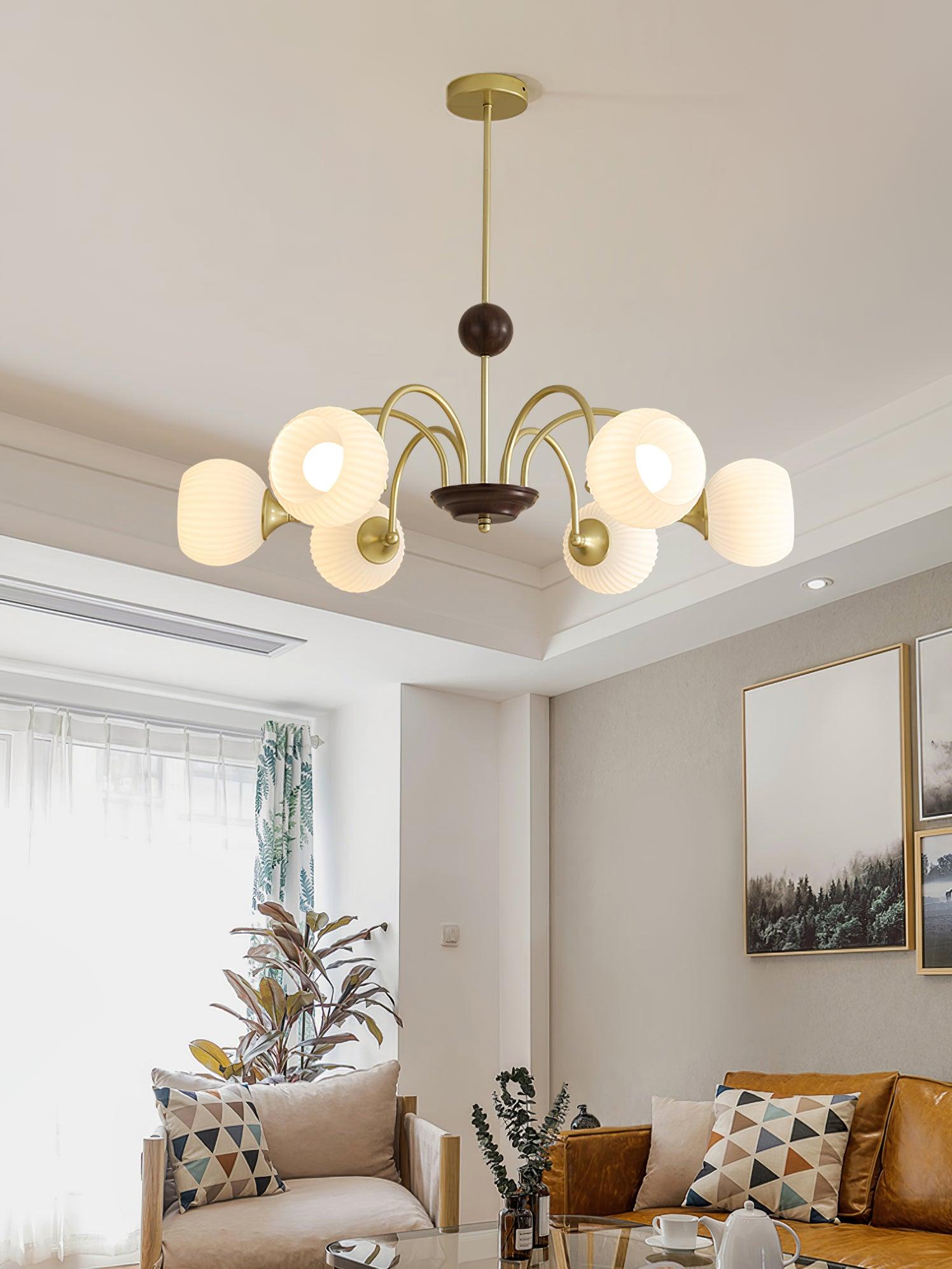 Dune Chandelier Sculptural Glass Ribbed with Iron-Neutral Decor