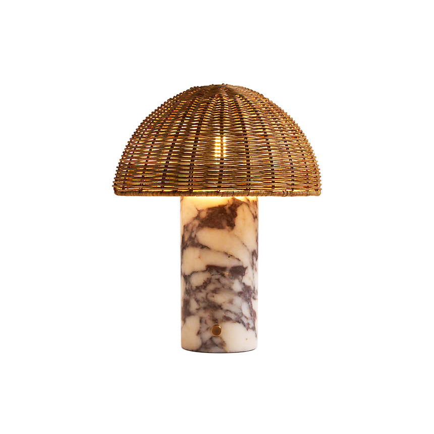 Seine Marble Tabla Lamp with a rattan shade, front view.