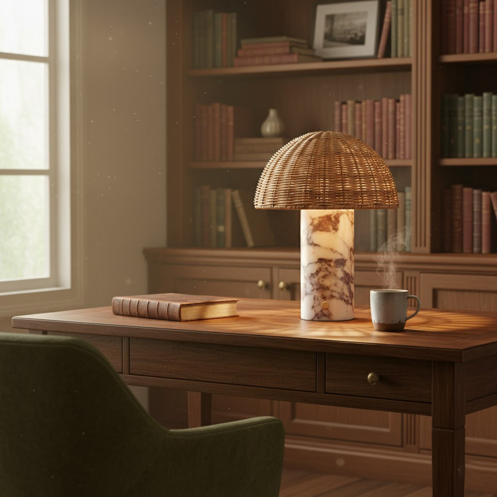 Close-up of the natural veining on the marble base of the Seine Tabla Lamp.