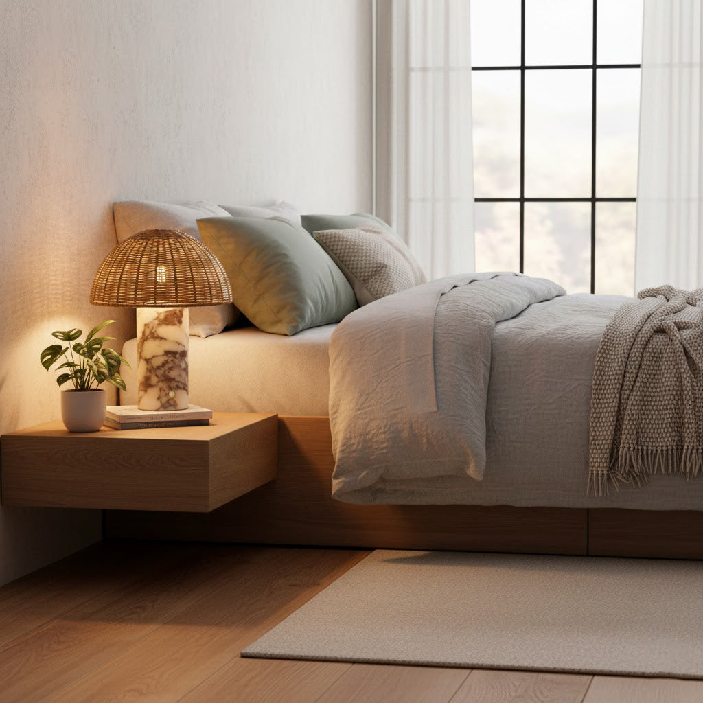 The Seine Marble Tabla Lamp styled on a wooden side table in a living room.