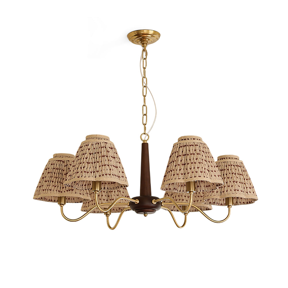 Selva Chandelier with smocked fabric shade in a modern living room.
