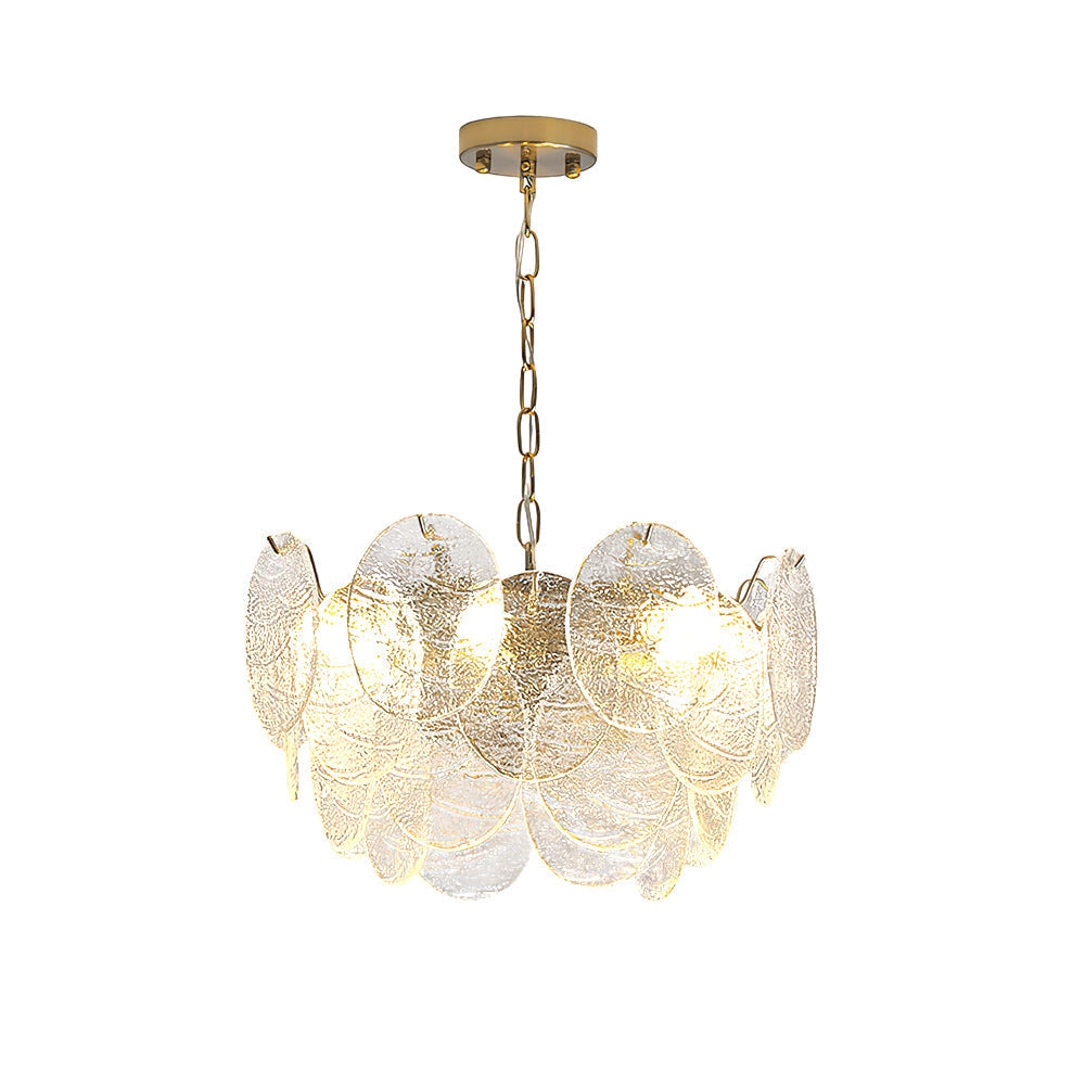 Seraphina Halo Chandelier with gold frame and textured glass discs.