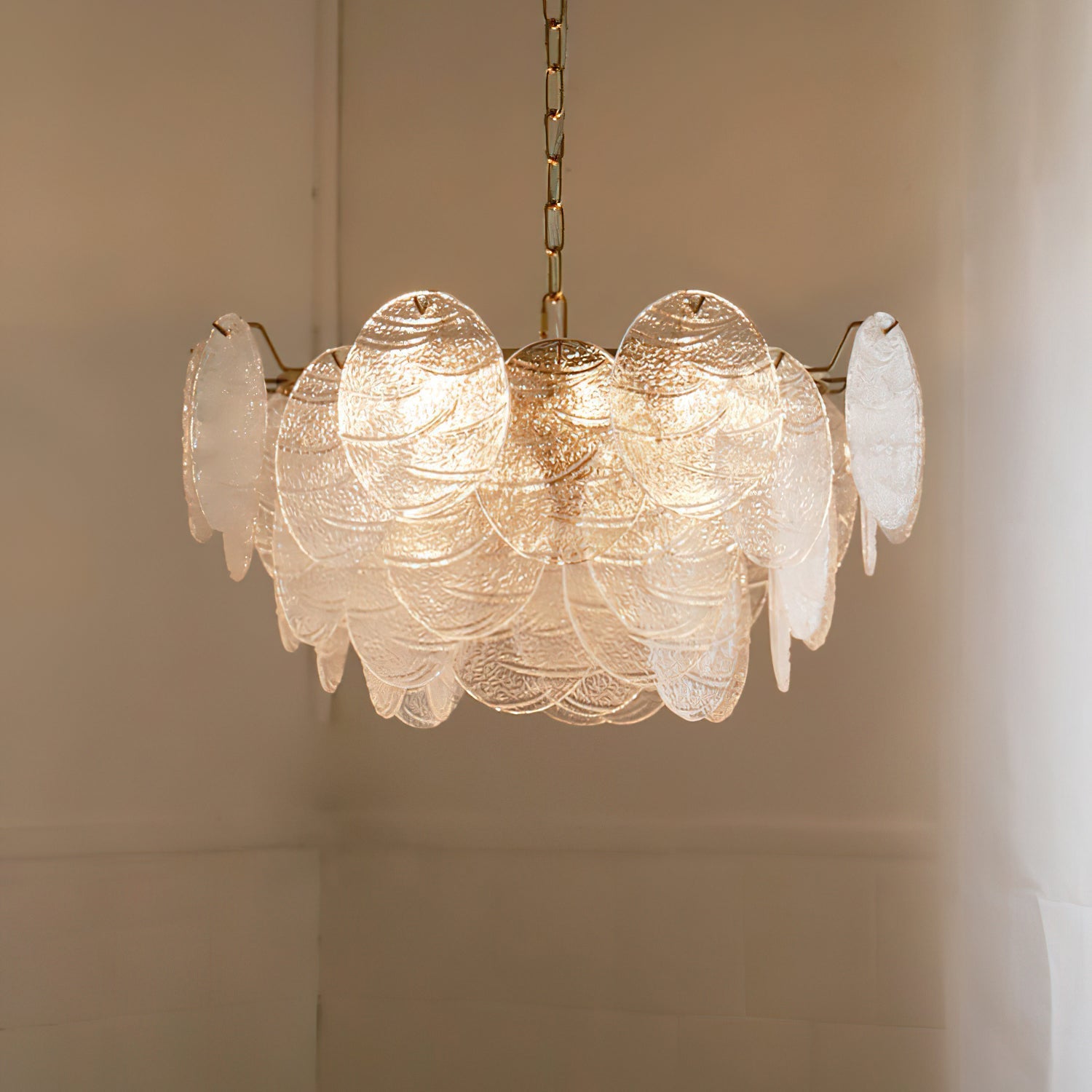 The Seraphina Halo Chandelier complementing a transitional style interior design.